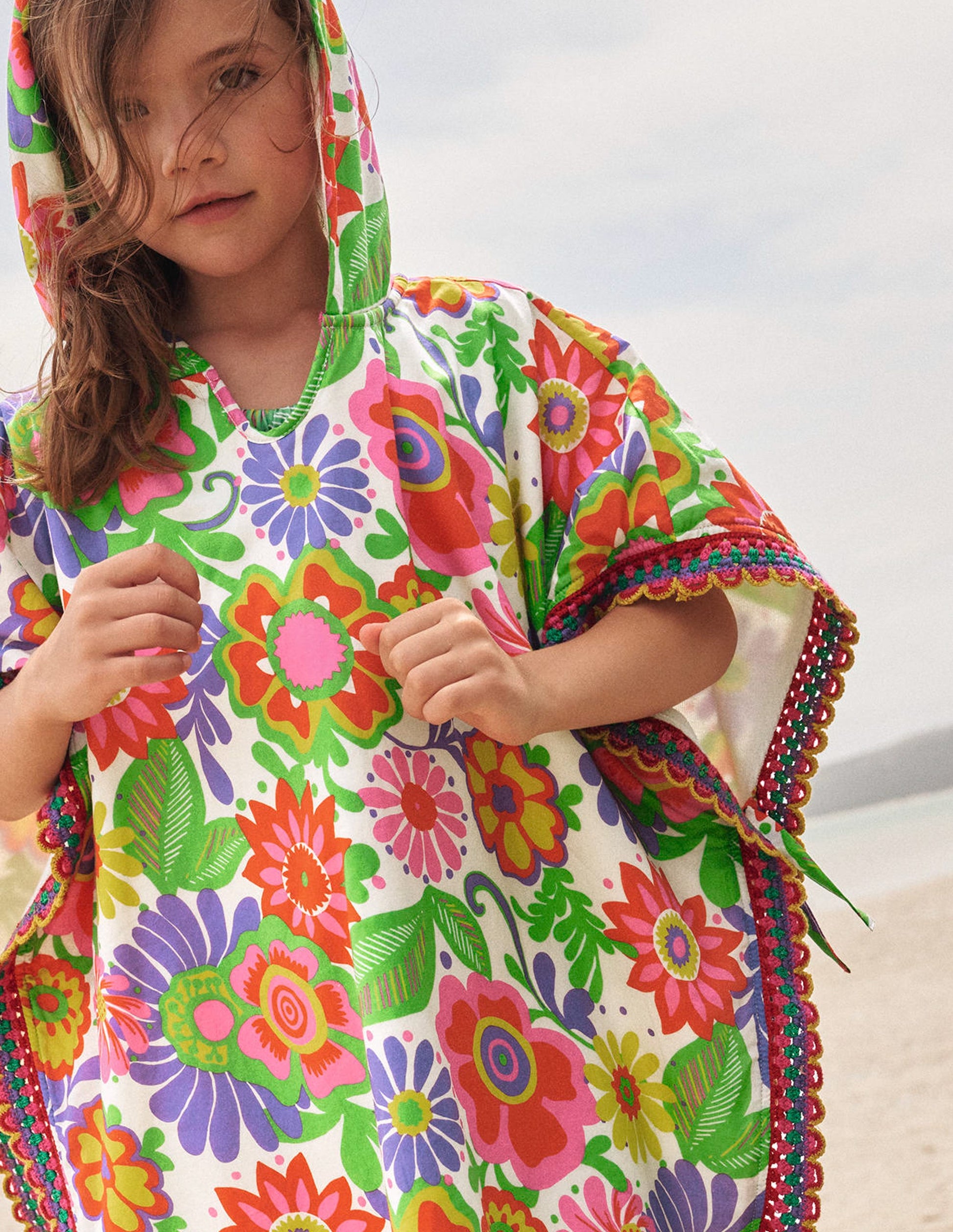 Towelling Poncho Hoodie-Multi Festival Floral-5