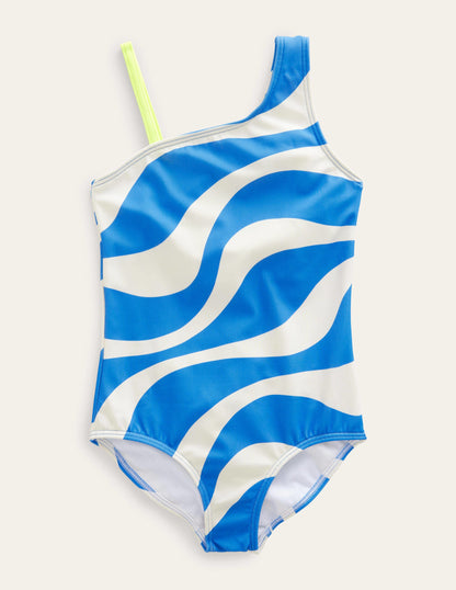 One Shoulder Swimsuit-Ivory and Cabana Blue Wave