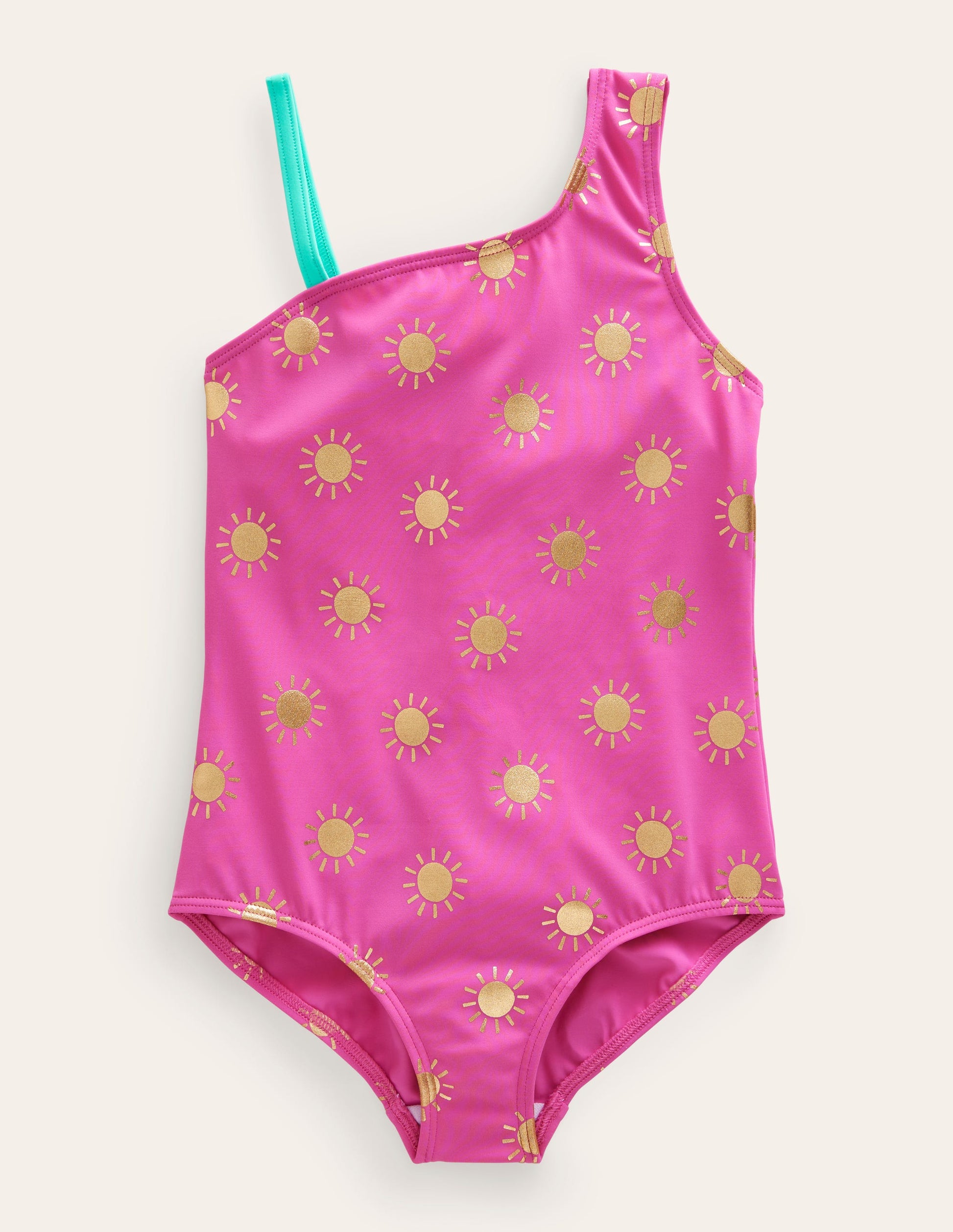 One Shoulder Swimsuit-Tickled Pink Gold Foil Suns-1