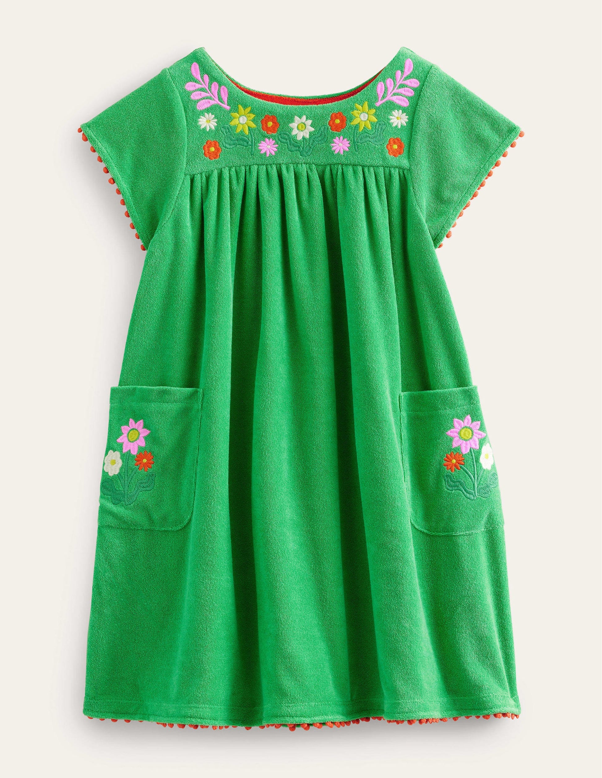 Embroidered Towelling Dress-Aloe Green Flowers-1