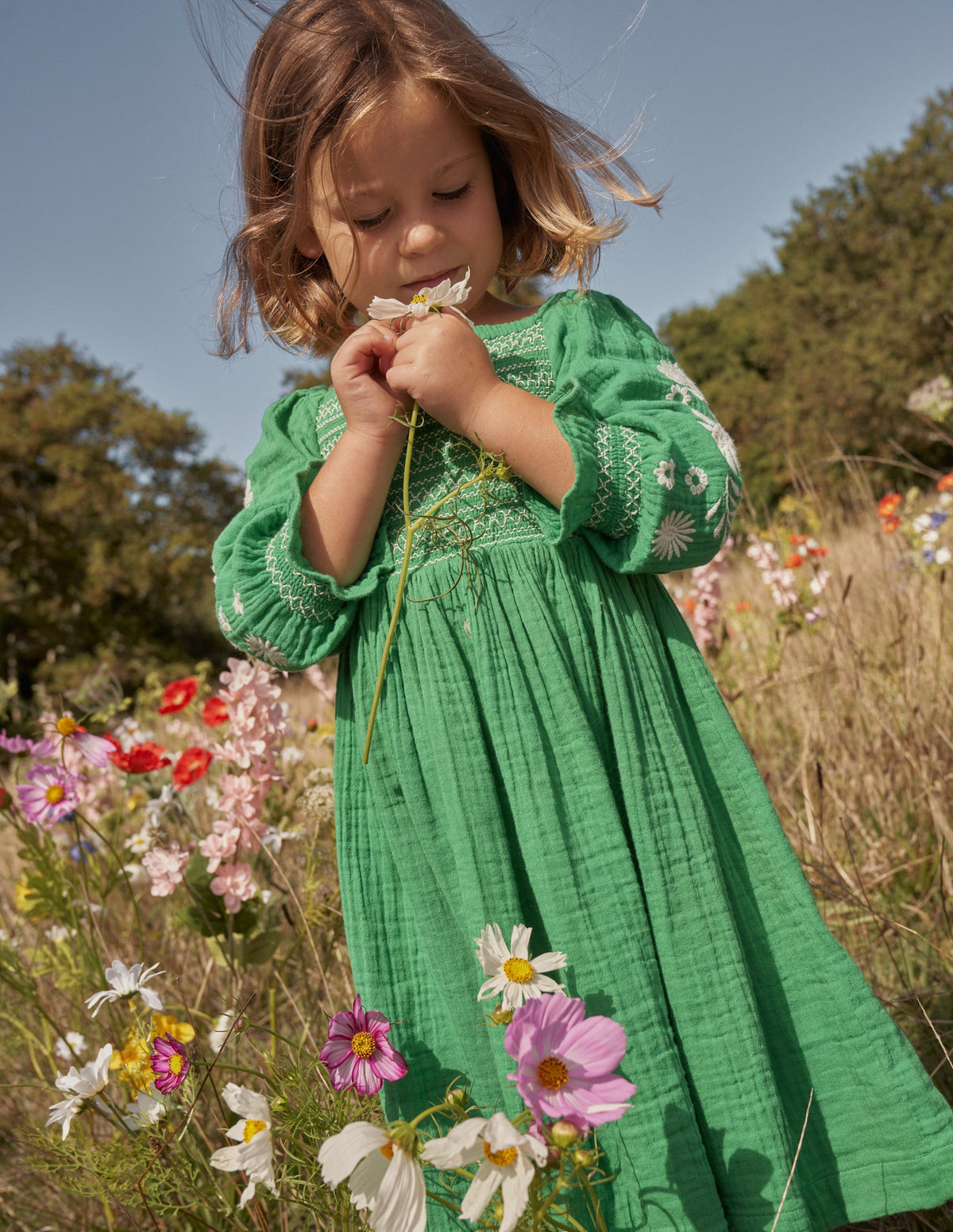 Smocked Bodice Woven Dress-School Green Daisies-4