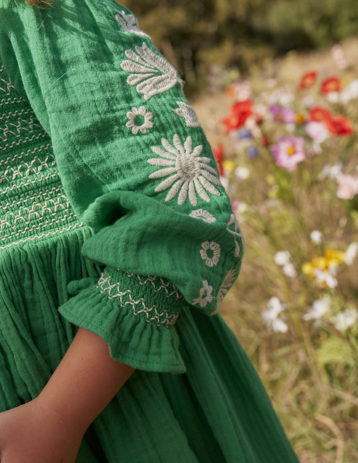 Smocked Bodice Woven Dress-School Green Daisies-5