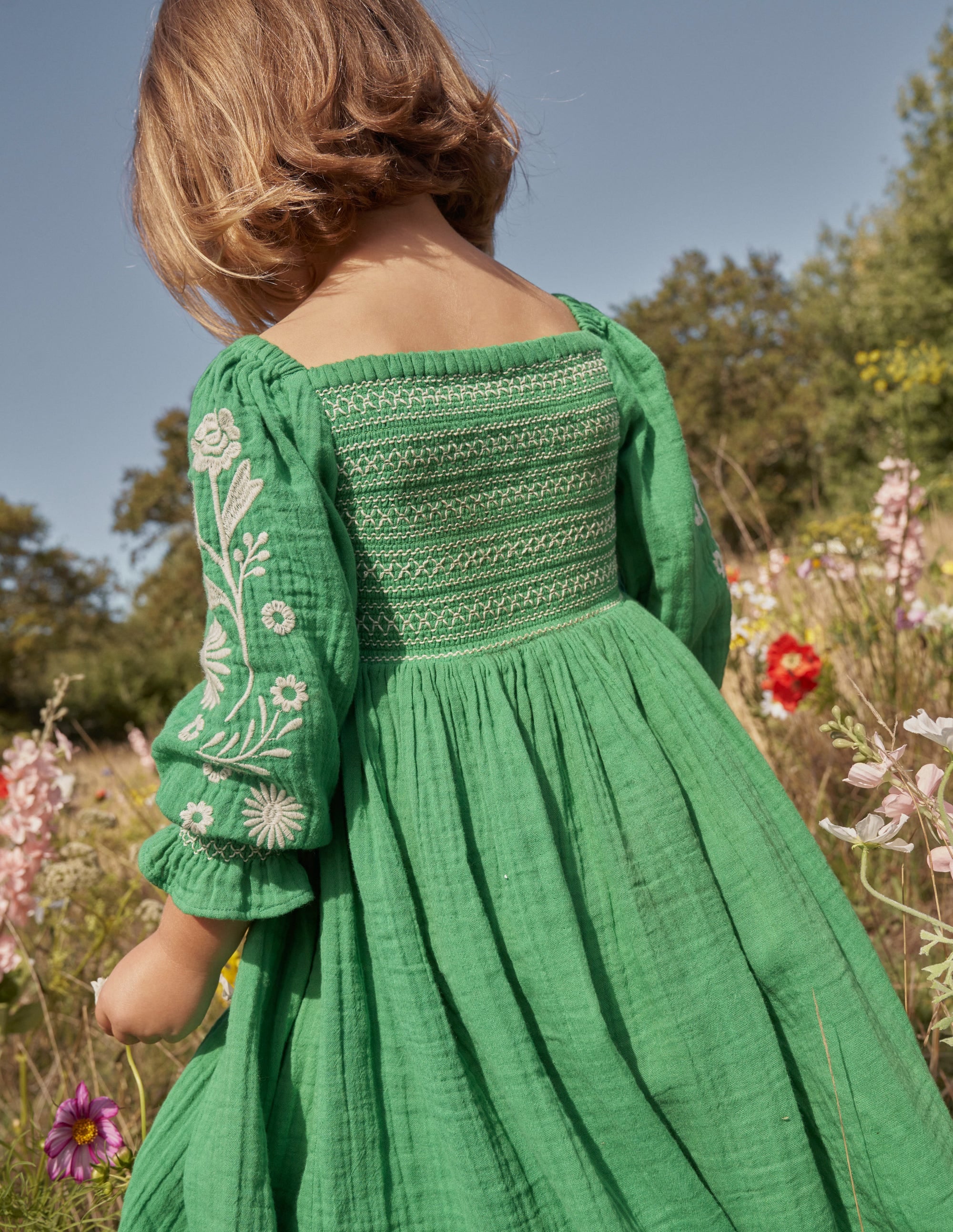 Smocked Bodice Woven Dress-School Green Daisies - Image 6
