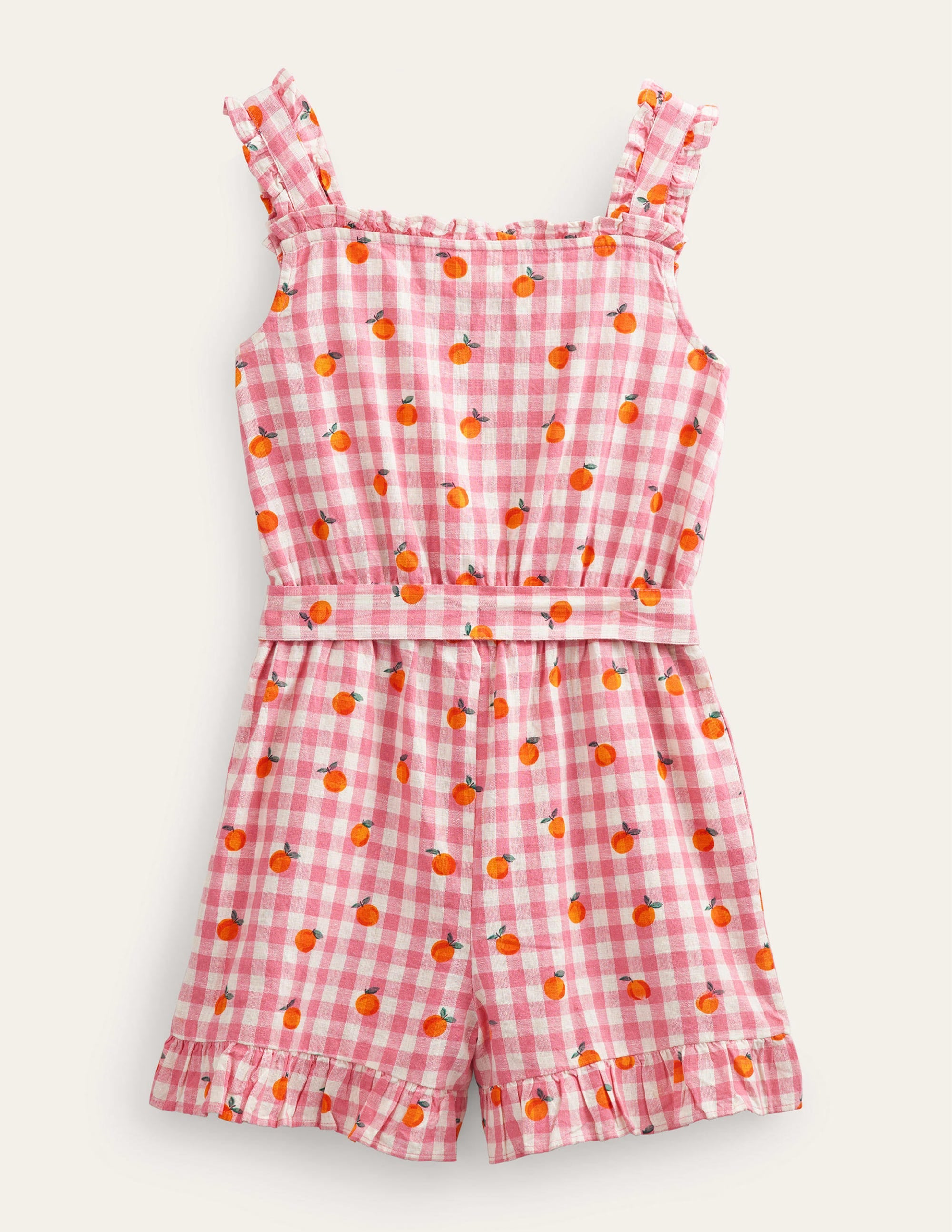 Linen-Cotton Ruffle Romper-Azalea and Ivory Gingham - Image 2