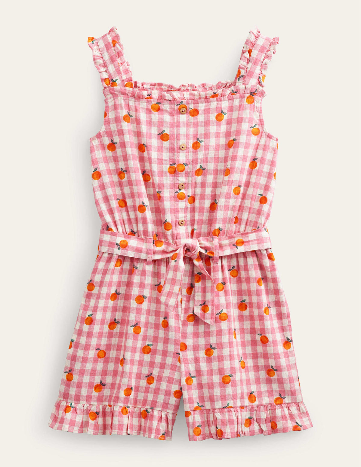 Linen-Cotton Ruffle Romper-Azalea and Ivory Gingham-1