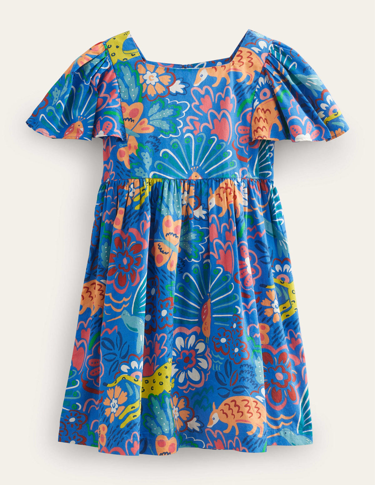Flutter-Sleeve Printed Dress-Blue Floral Animals-1