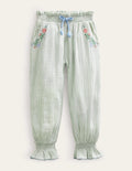 Embroidered Balloon Pants-Green Embroidered Ticking
