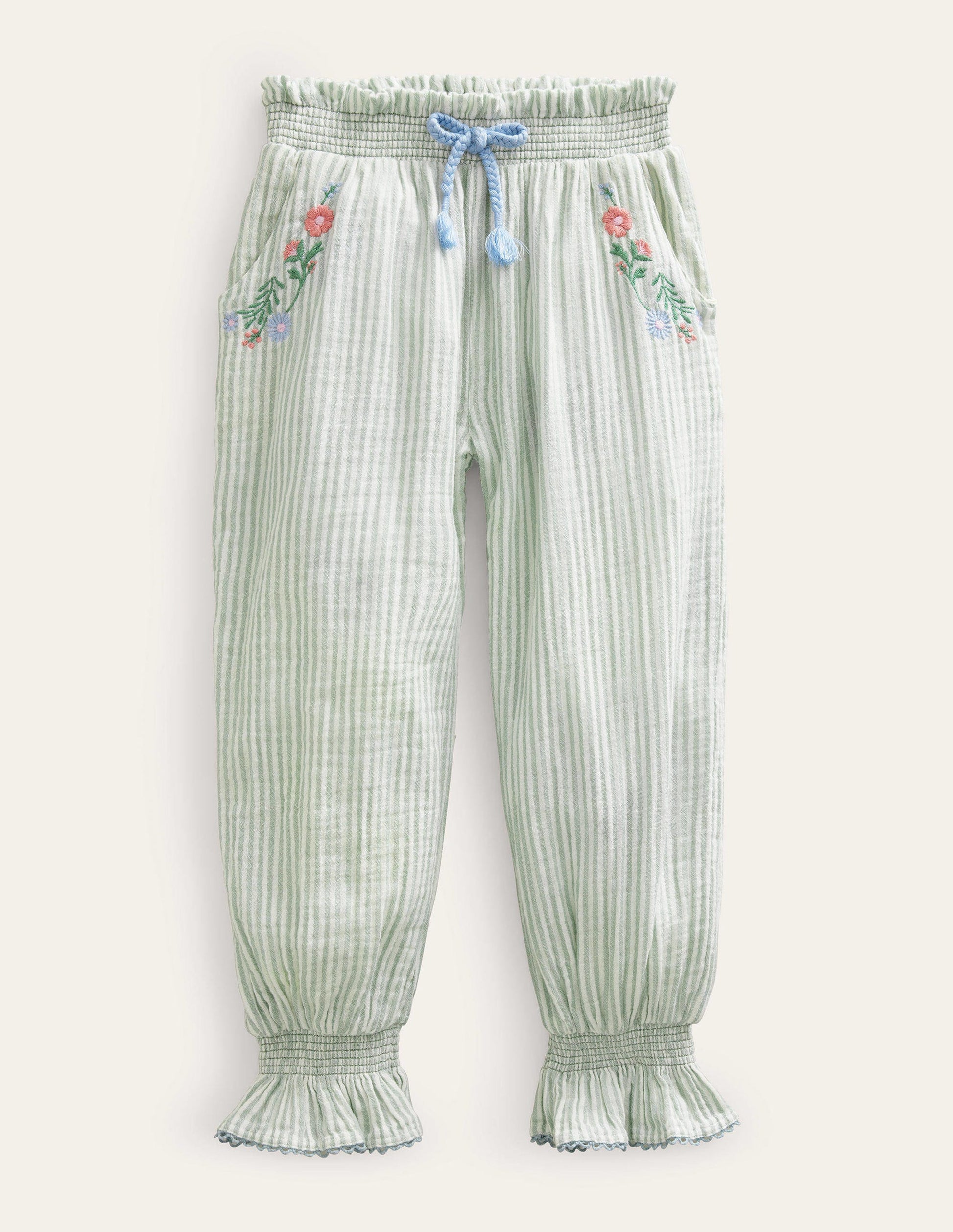 Embroidered Balloon Pants-Green Embroidered Ticking-1