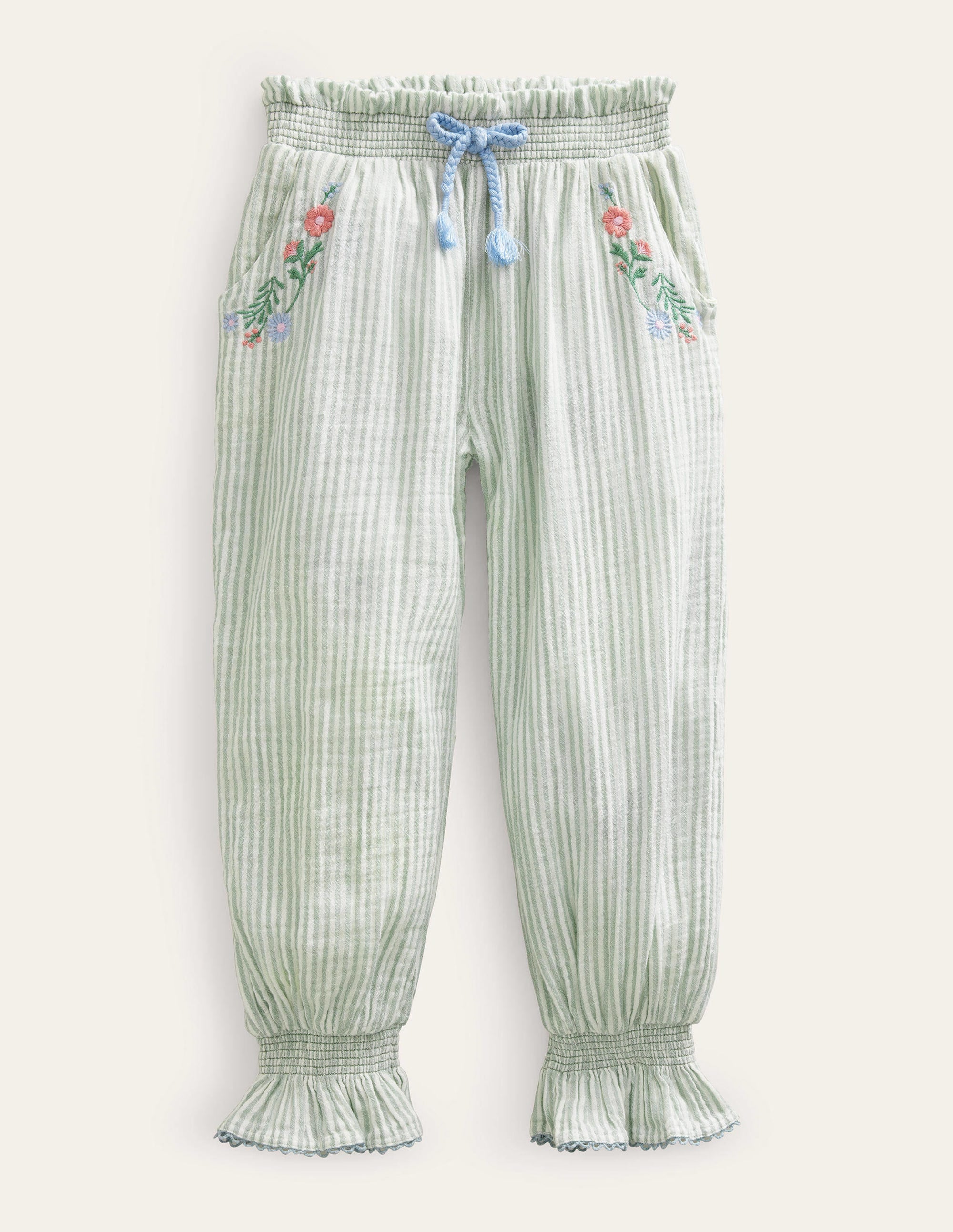 Embroidered Balloon Pants-Green Embroidered Ticking - Image 1