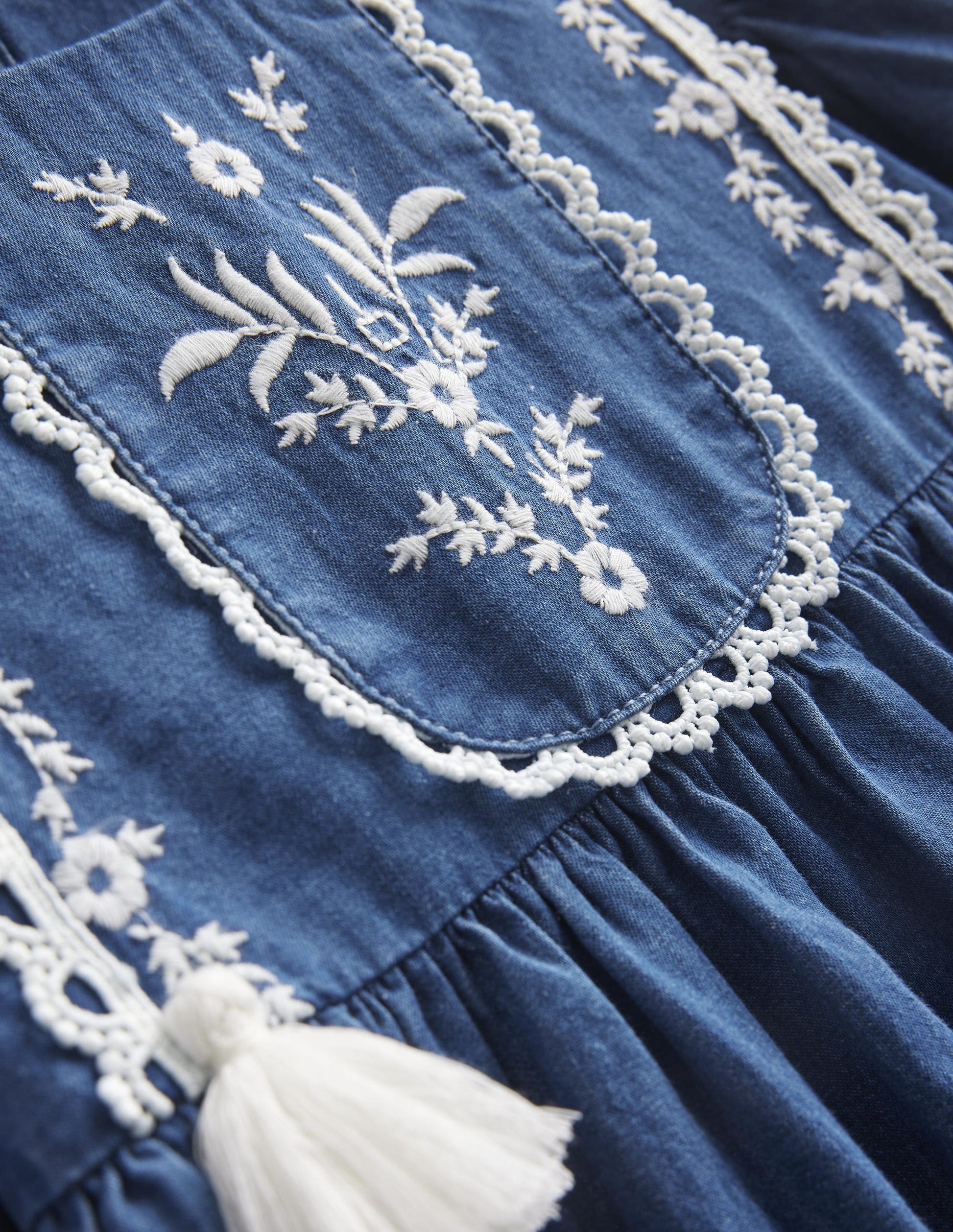 Embroidered Woven Dress-Mid Denim-3