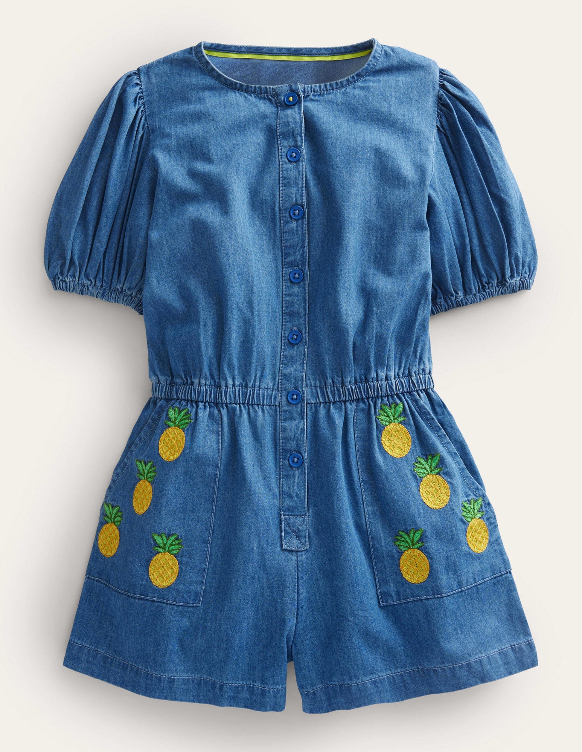 Denim Embroidered Romper-Mid Vintage Denim-1
