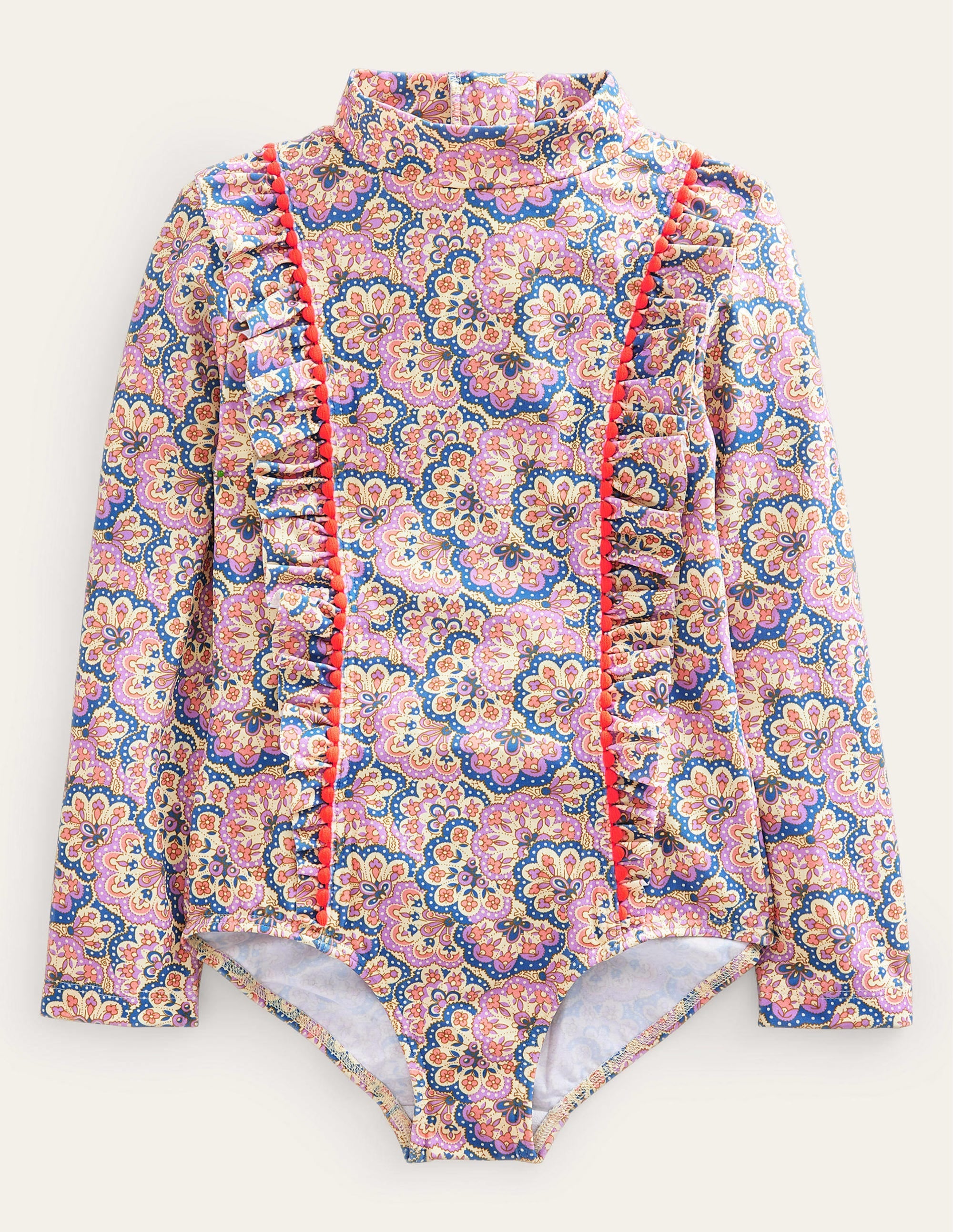 Long Sleeve Trim Swimsuit-Lupin and Peach Sorbet Paisley - Image 1