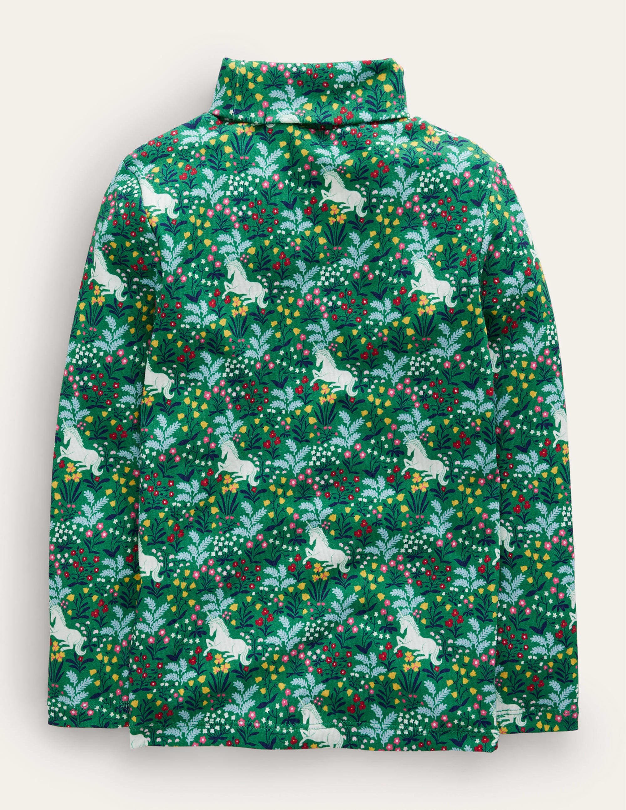 Super Soft Roll Neck Top-Deep Green Unicorn Meadow - Image 2