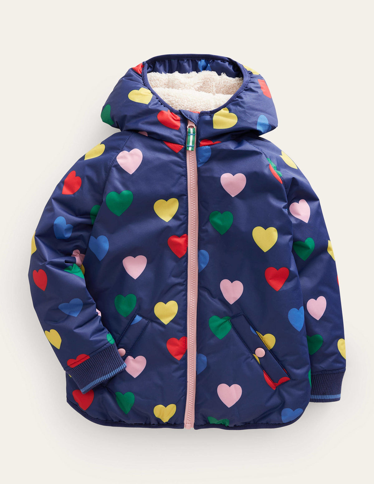 Printed Sherpa Lined Anorak-Navy Hearts - Image 1