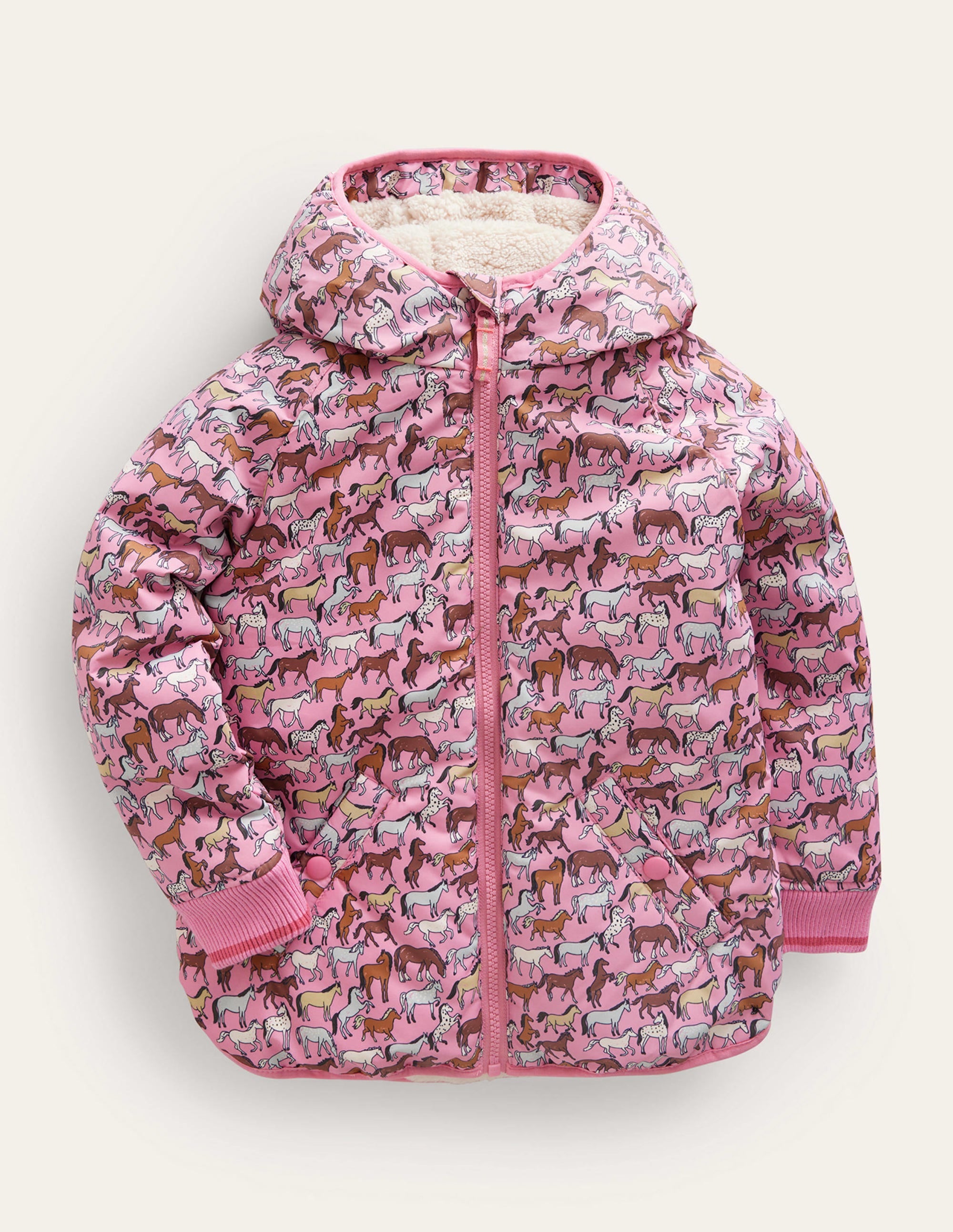 Printed Sherpa Lined Anorak-Pink horses - Image 1