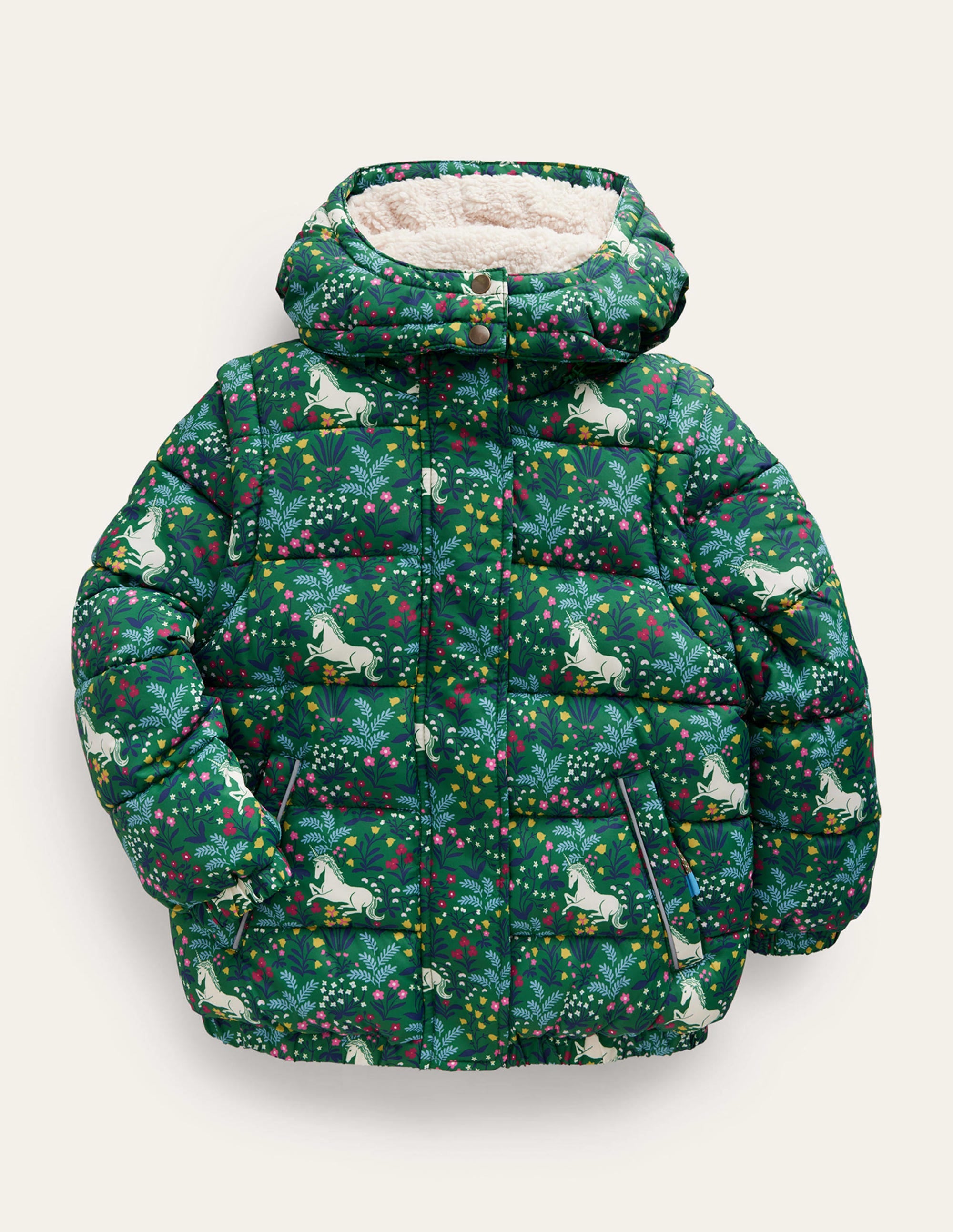 2-in-1 Padded Coat-Deep Green Unicorn Meadow - Image 1