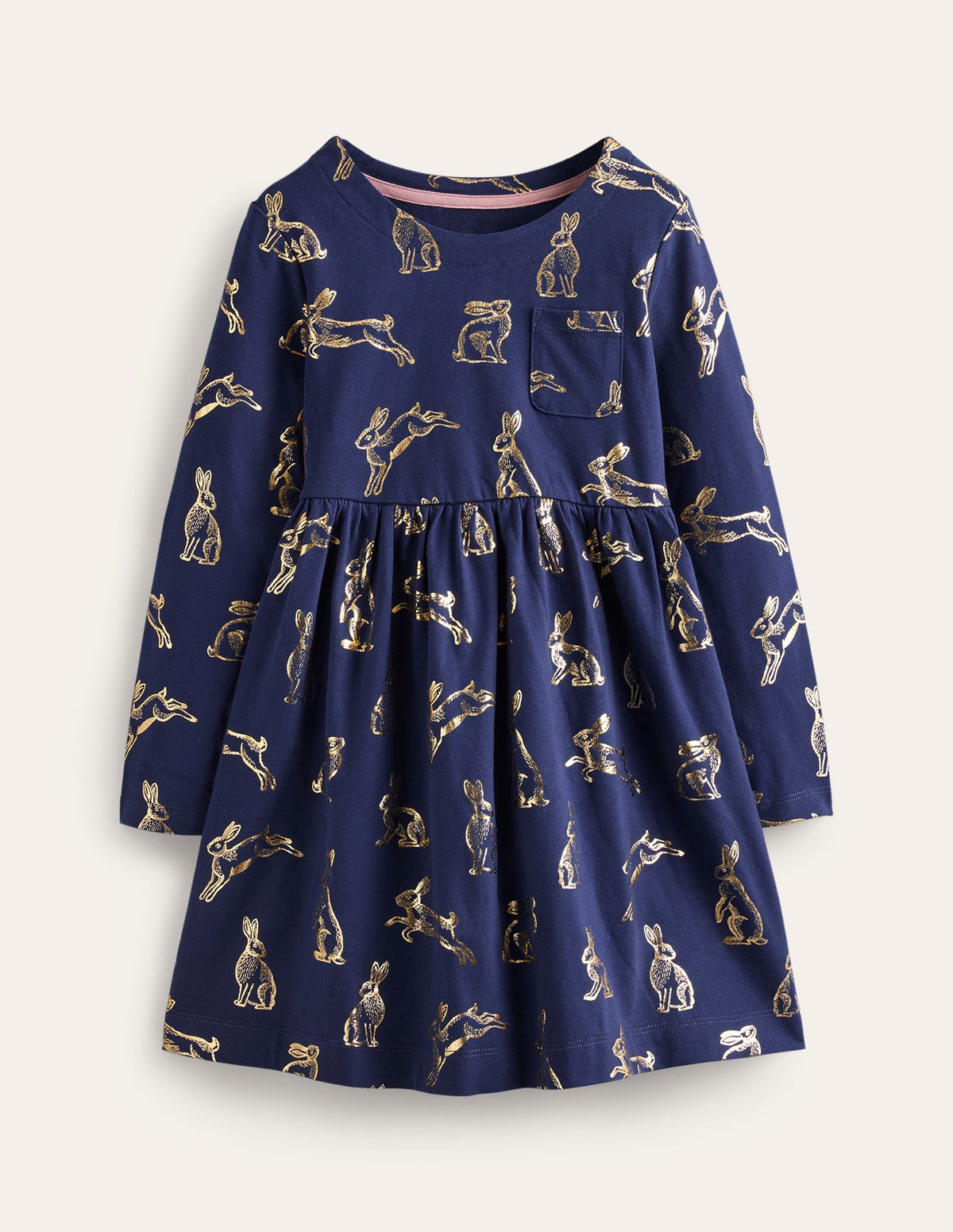 Long Sleeve Fun Jersey Dress-College Navy Foil Bunnies-1