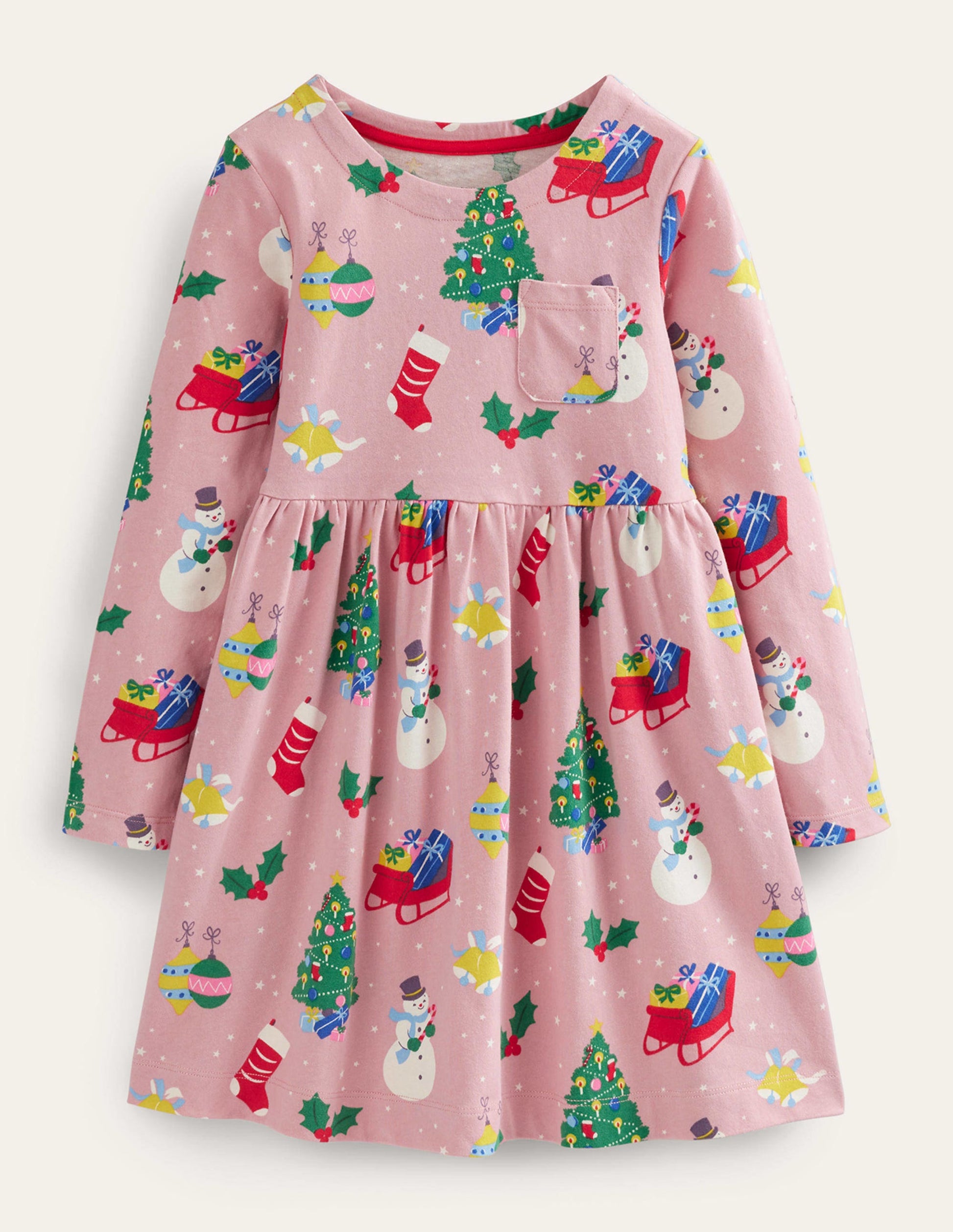 Long Sleeve Fun Jersey Dress-Almond Pink Festive-1