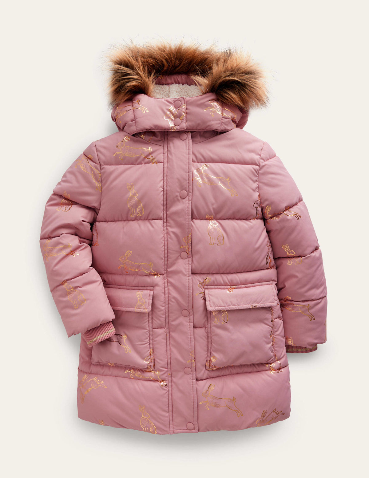 Longline Padded Coat-Almond Pink Foil Bunnies-1