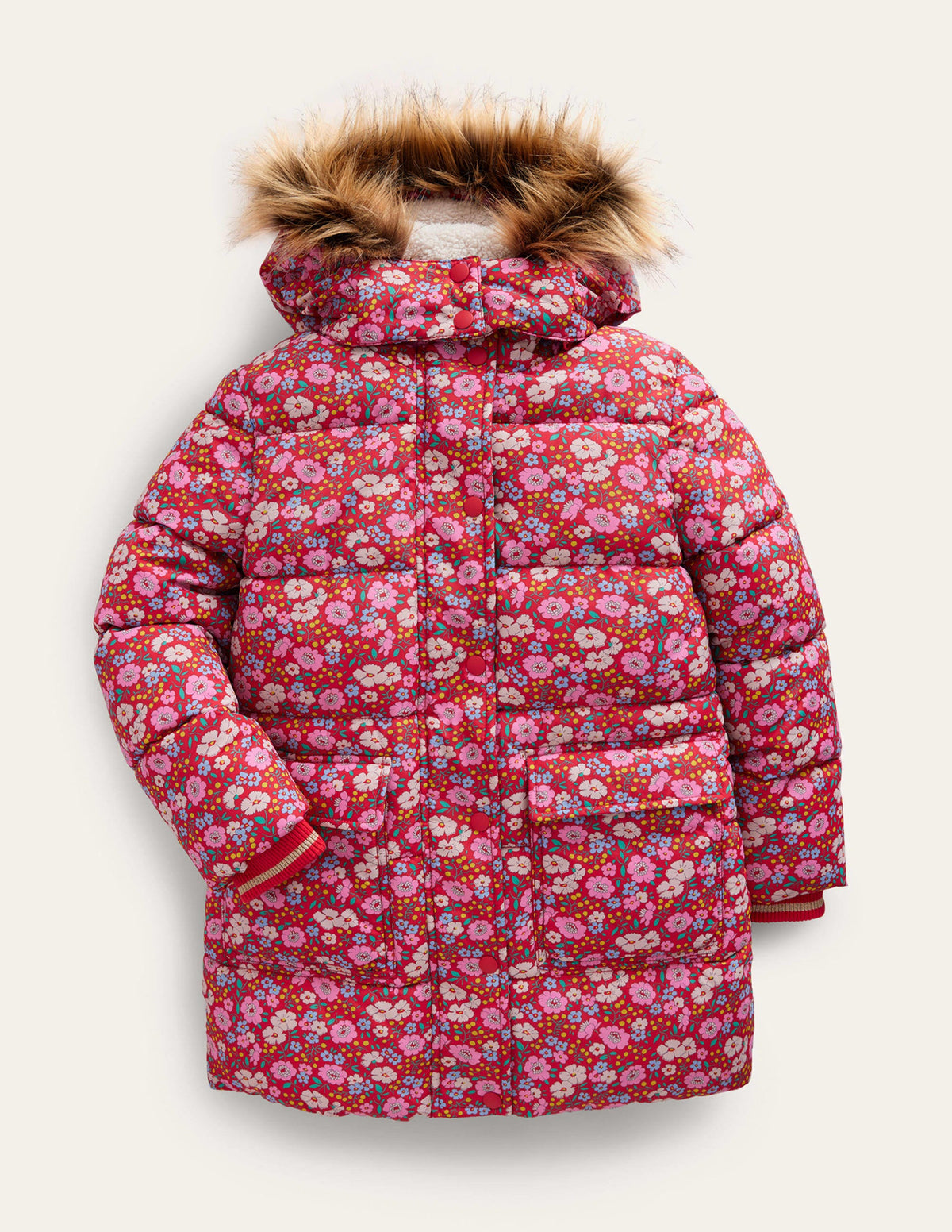 Longline Padded Coat-Brilliant Red Flowerbed - Image 1