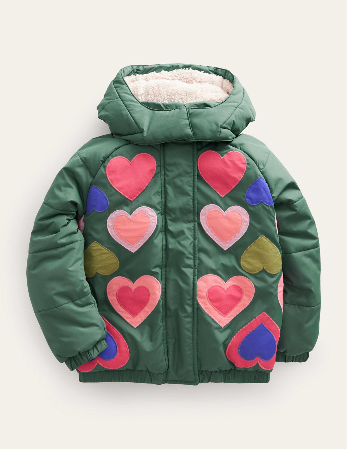 Appliqué Padded Coat-Monster Green Hearts - Image 1