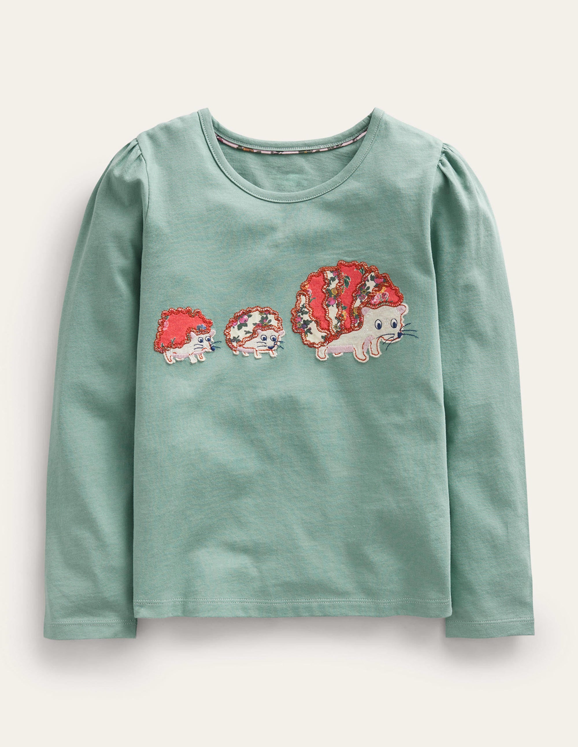 Appliqué Puff-Sleeve Top-Green Smoke Hedgehog - Image 1