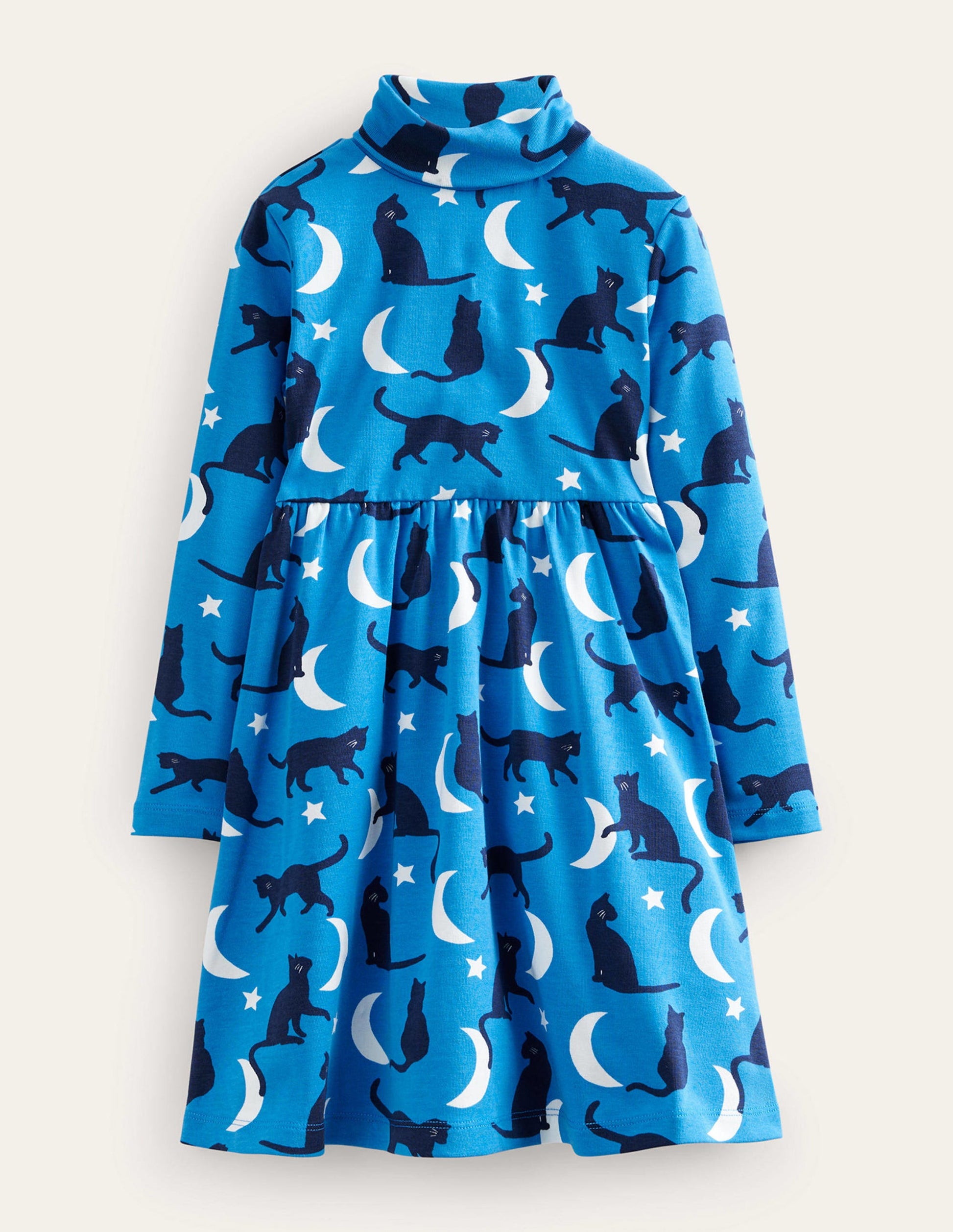 Roll Neck Jersey Dress-Bright Blue Cats-1