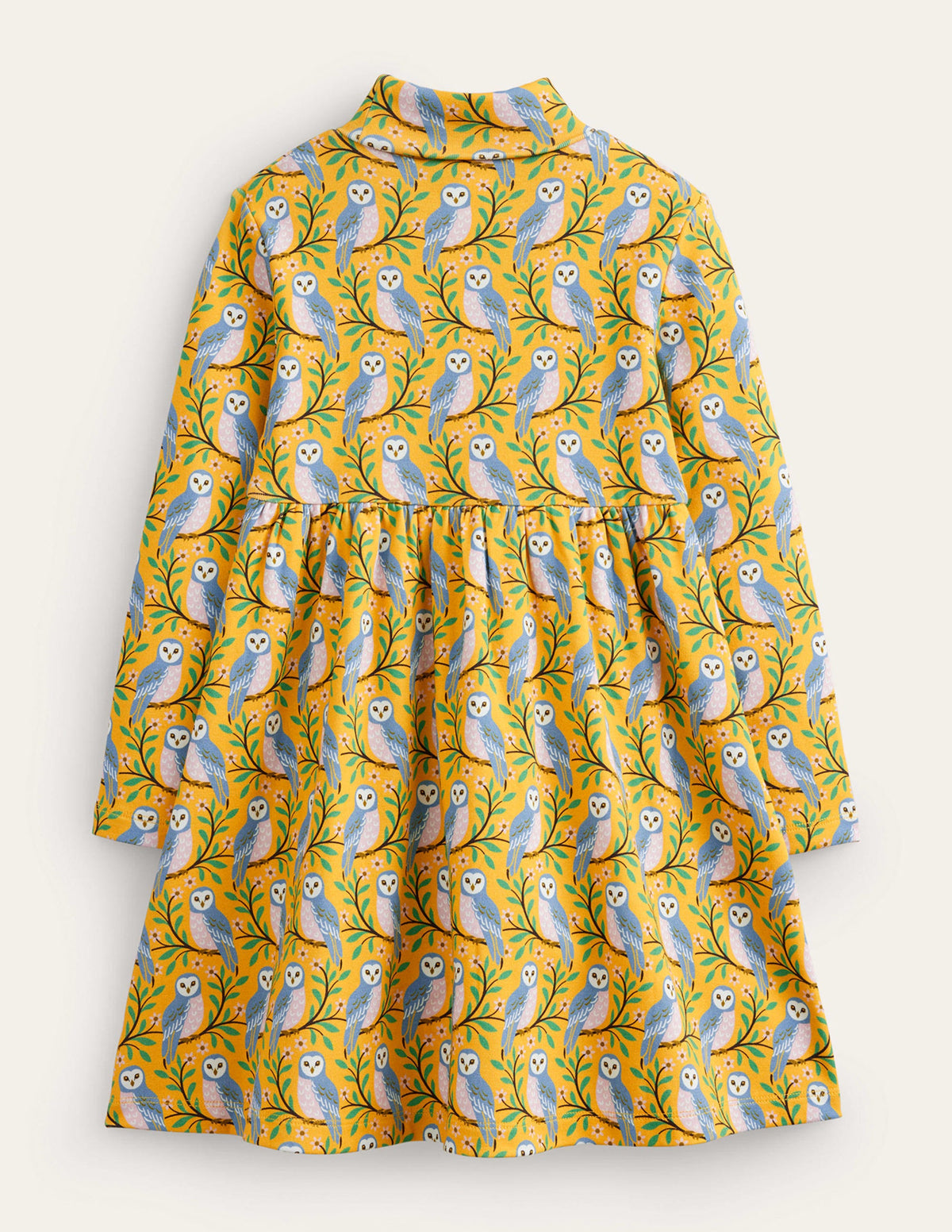 Roll Neck Jersey Dress-Oil Yellow Geo Owls-2