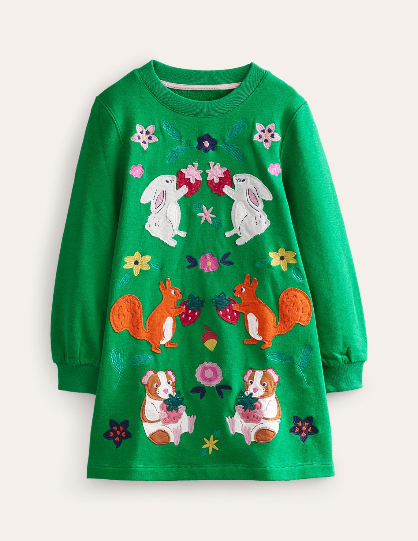 Cosy Appliqué Sweatshirt Dress-Deep Green Woodland-1