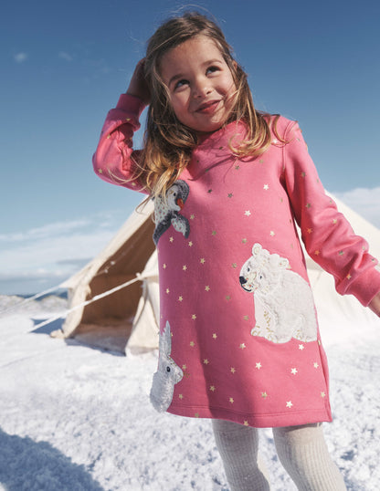 Cosy Appliqué Sweatshirt Dress-Blush Pink Arctic Animals