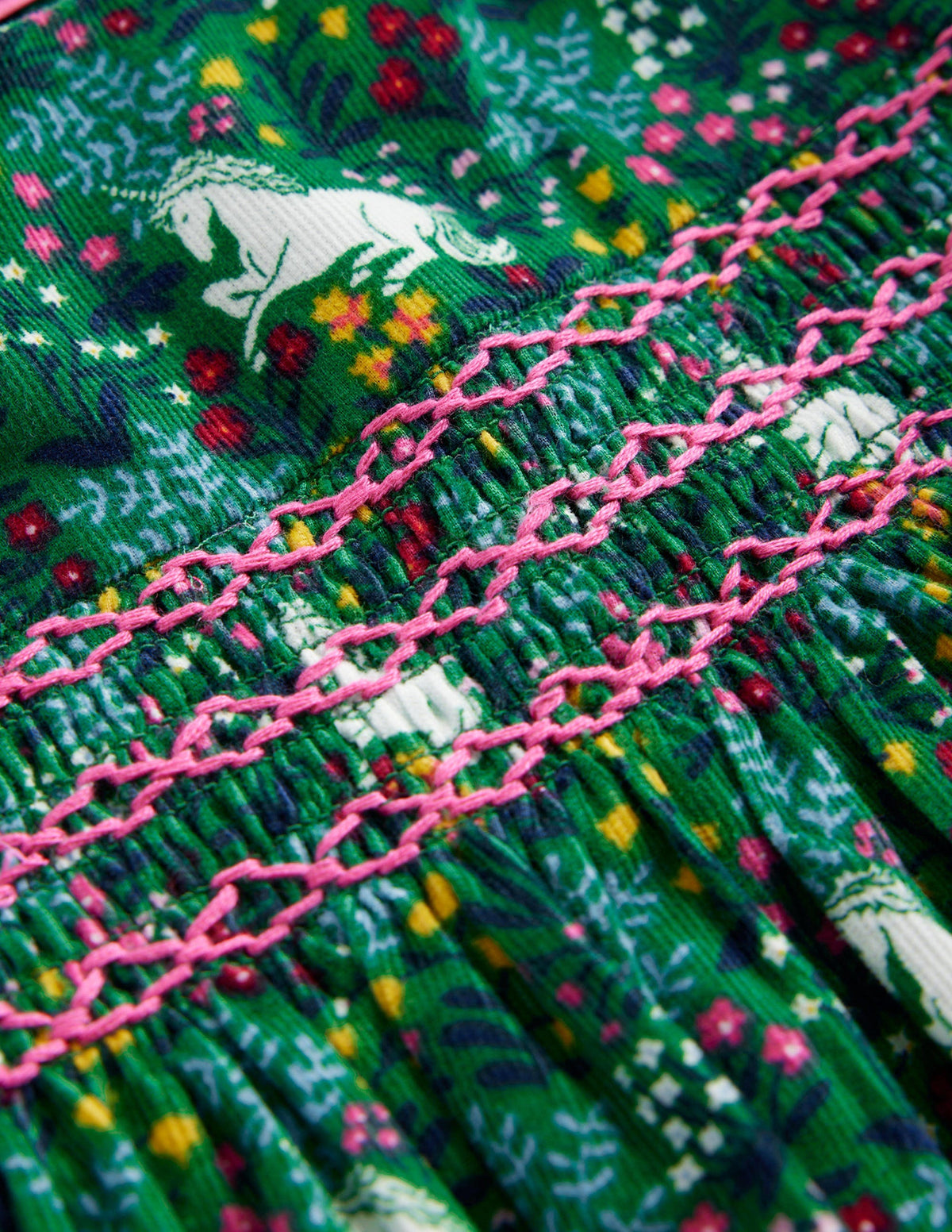 Cord Smocked Dress-Deep Green Unicorn Meadow - Image 3
