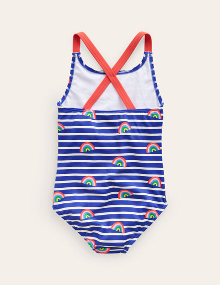 Cross-back Printed Swimsuit-Sapphire Blue Breton Rainbows