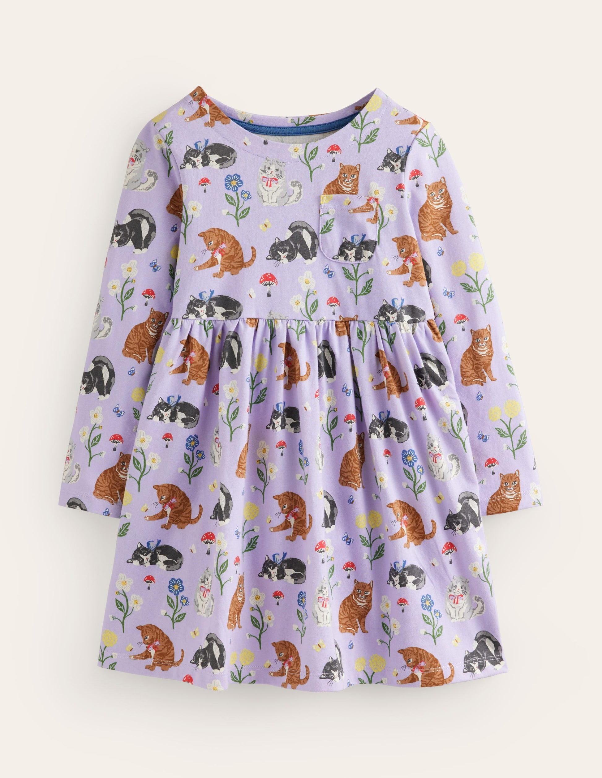 Long Sleeve Fun Jersey Dress-Light Purple Cats-1