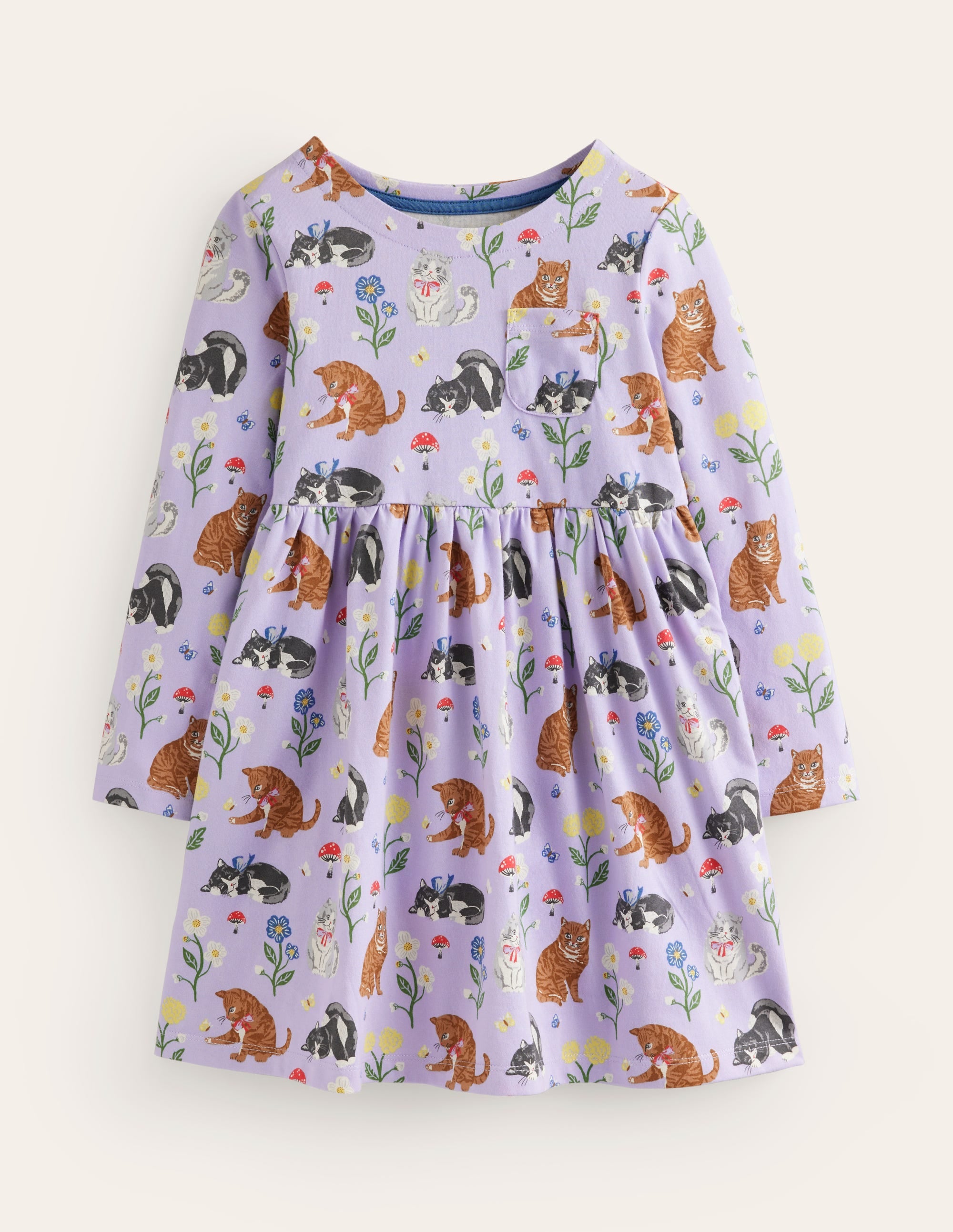 Long Sleeve Fun Jersey Dress-Light Purple Cats - Image 1