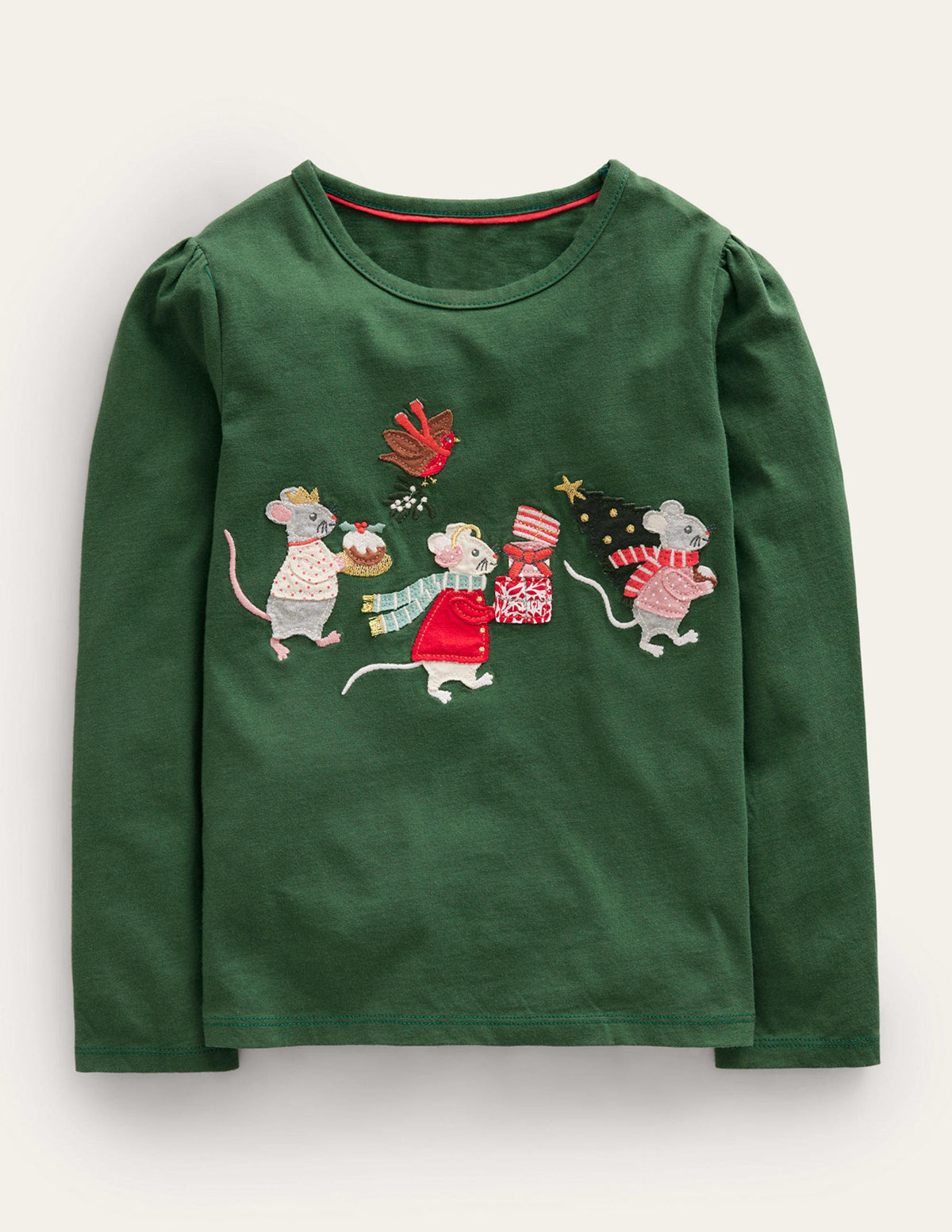 Appliqué Puff-Sleeve Top-Amazon Green Festive Mice - Image 1