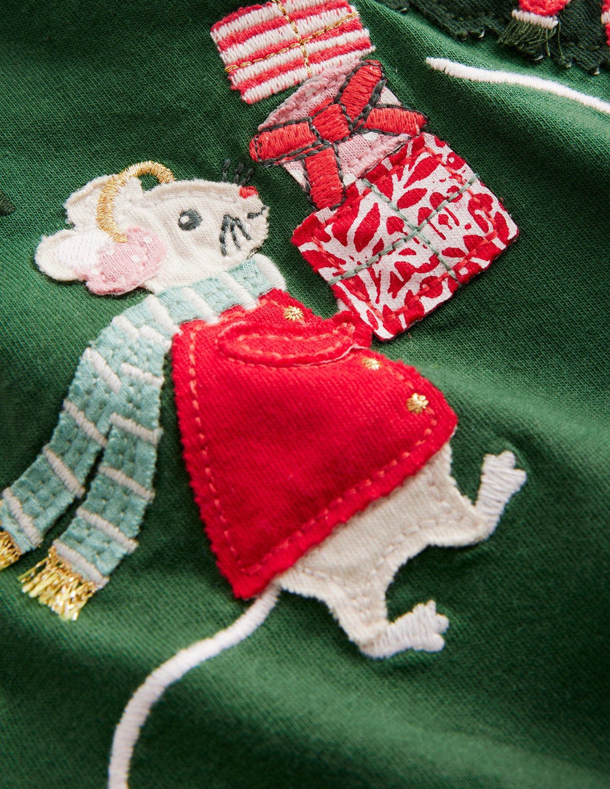 Appliqué Puff-Sleeve Top-Amazon Green Festive Mice - Image 3