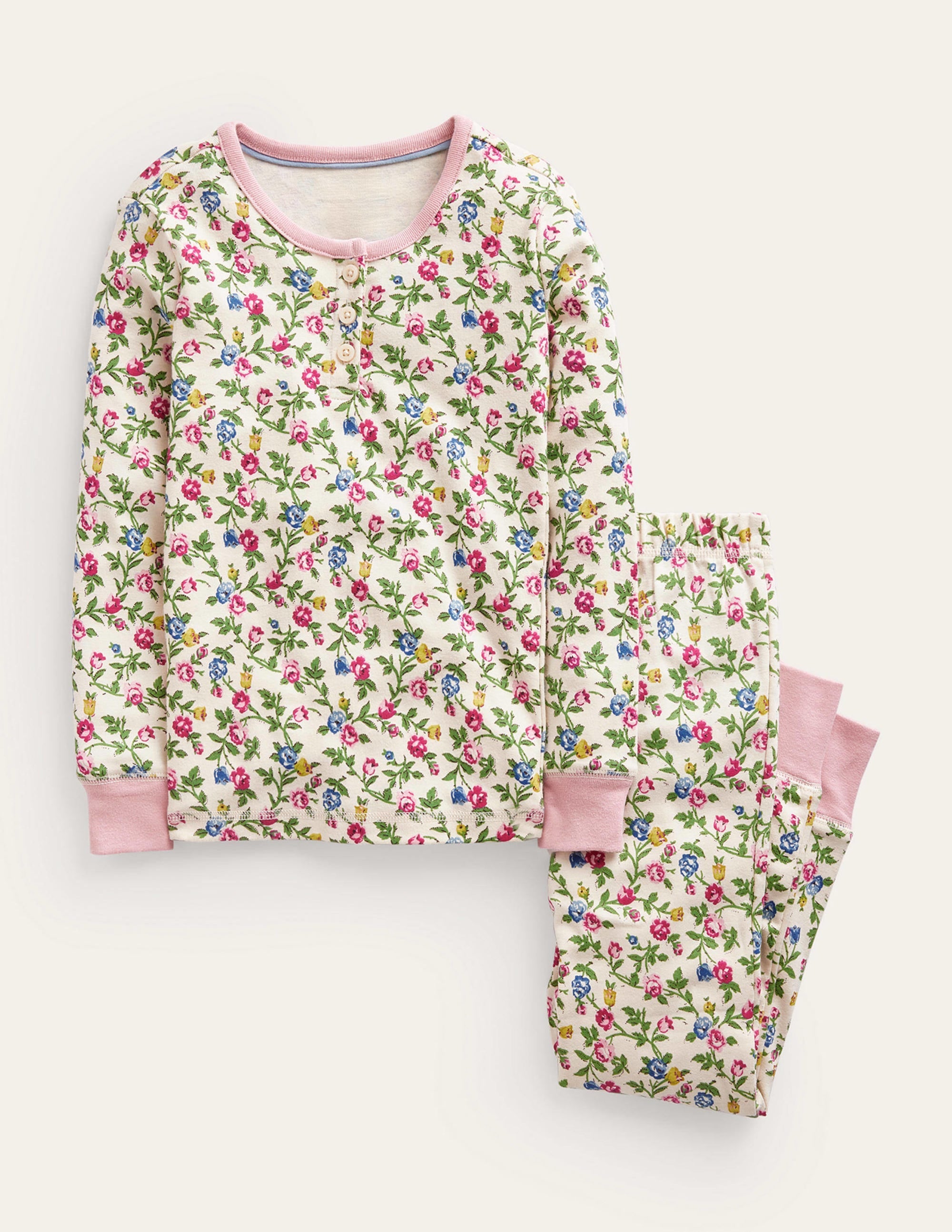 Snug Henley Pajama Set-Ivory Rambling Rose - Image 1