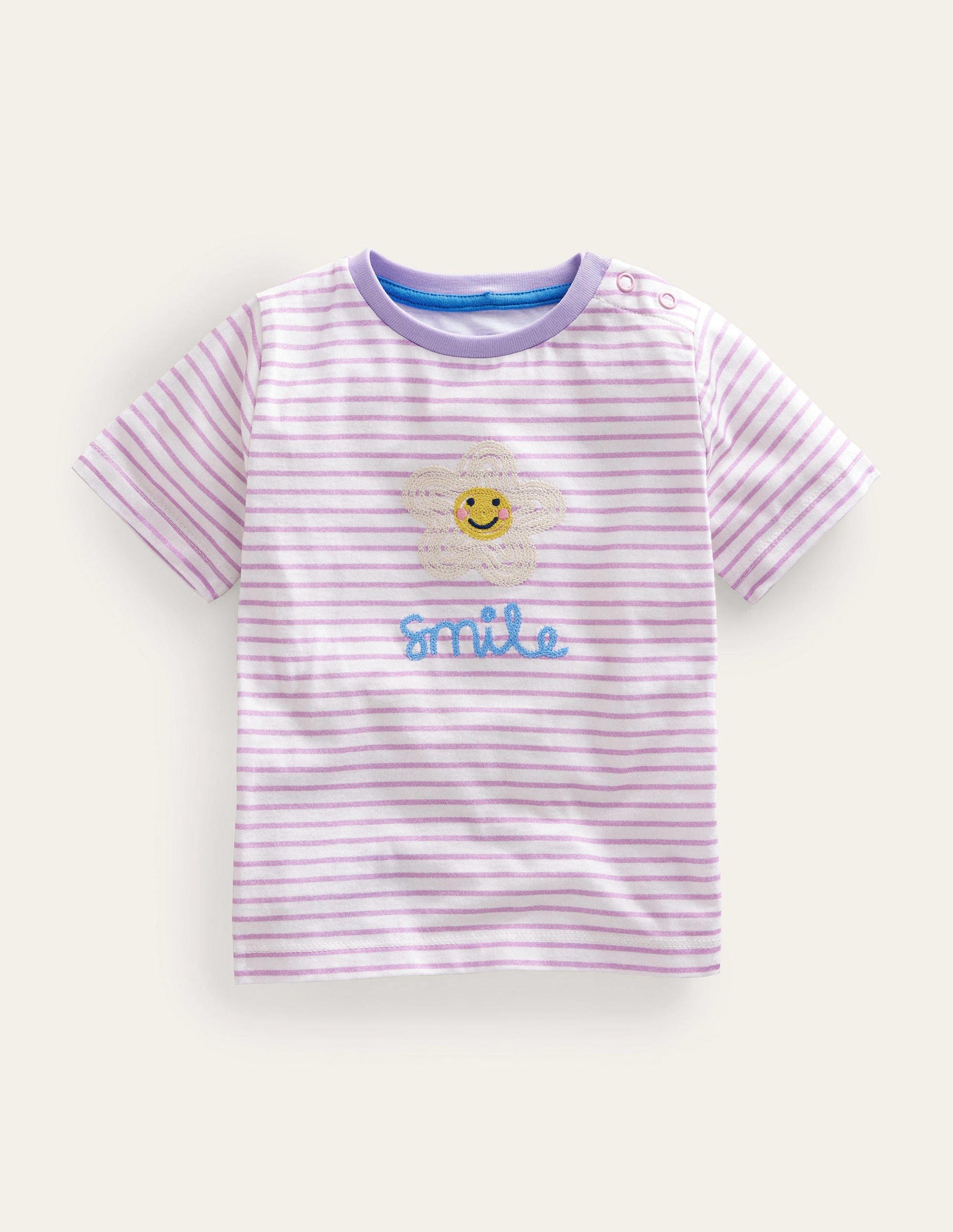 Embroidered Graphic T-shirt-Ivory/Soft Lavender Smile-1