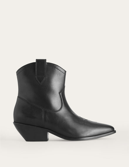 Western Ankle Boots-Black Leather