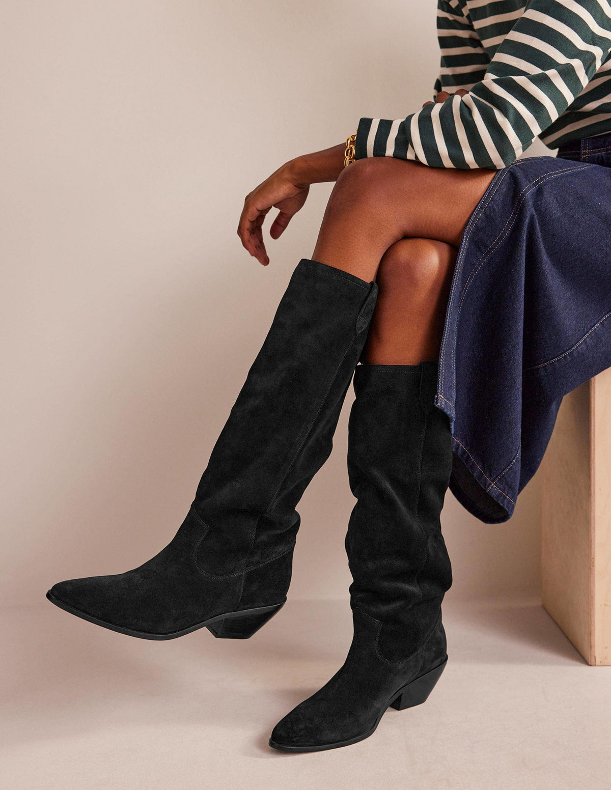 Western Knee High Boots-Black Suede-1