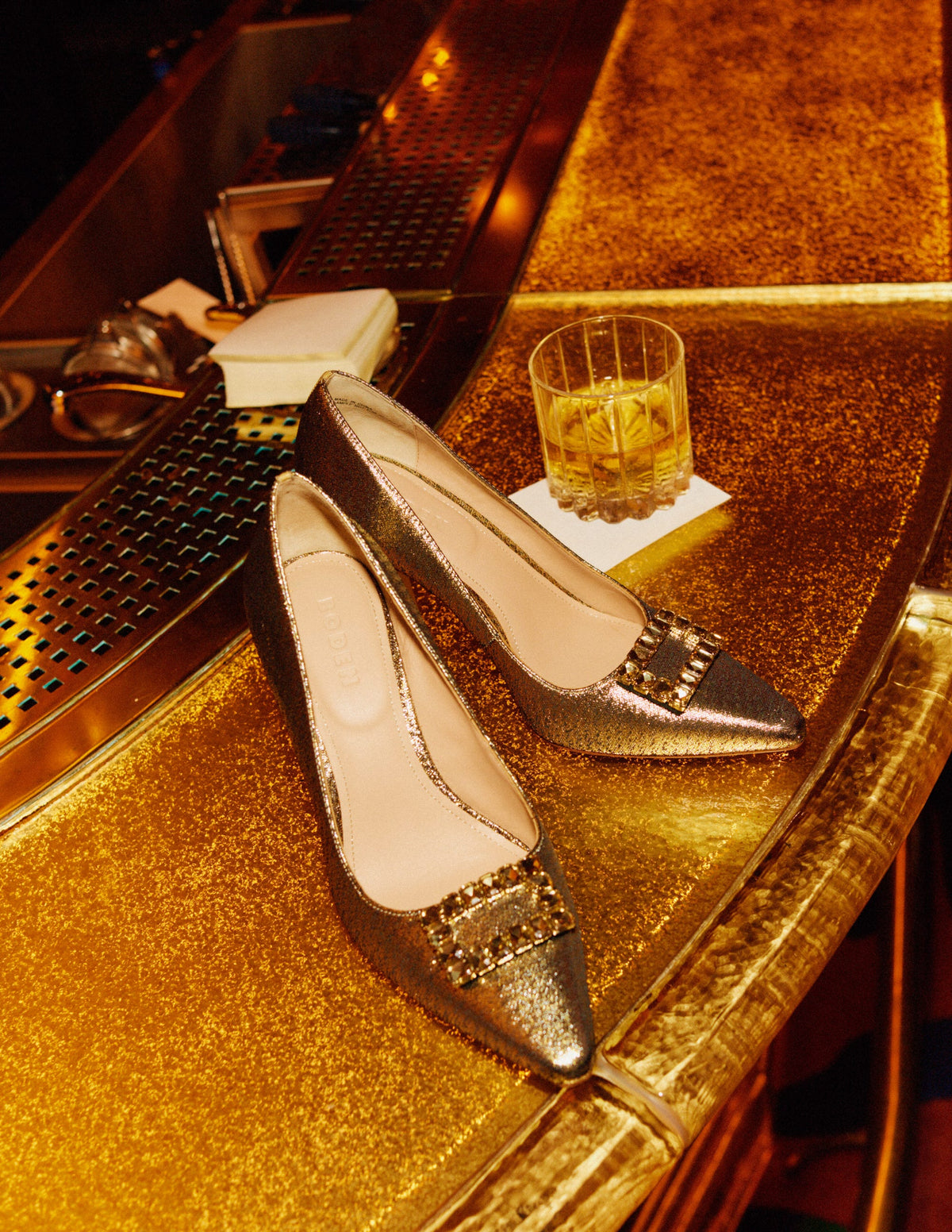 Jewelled Heeled Court Shoes-Gold Metallic-5