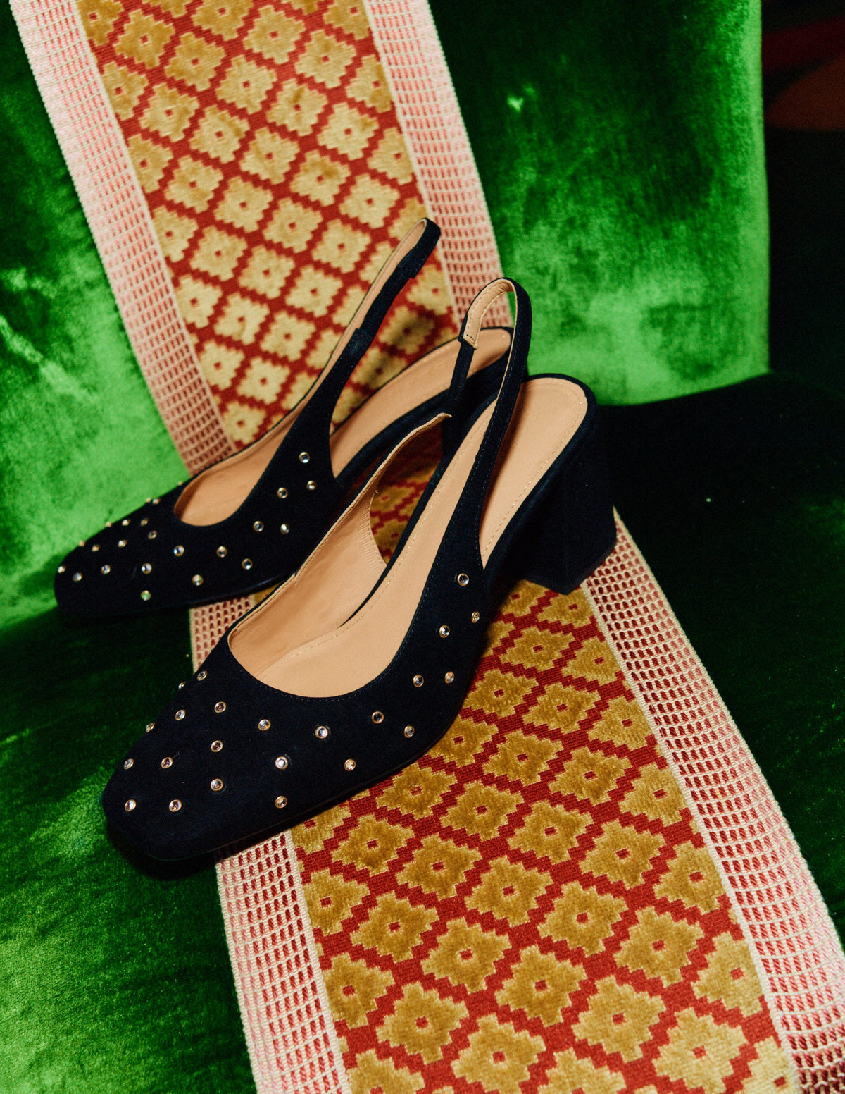 Slingback Mid-Heel Pumps-Black Suede, Crystals - Image 5