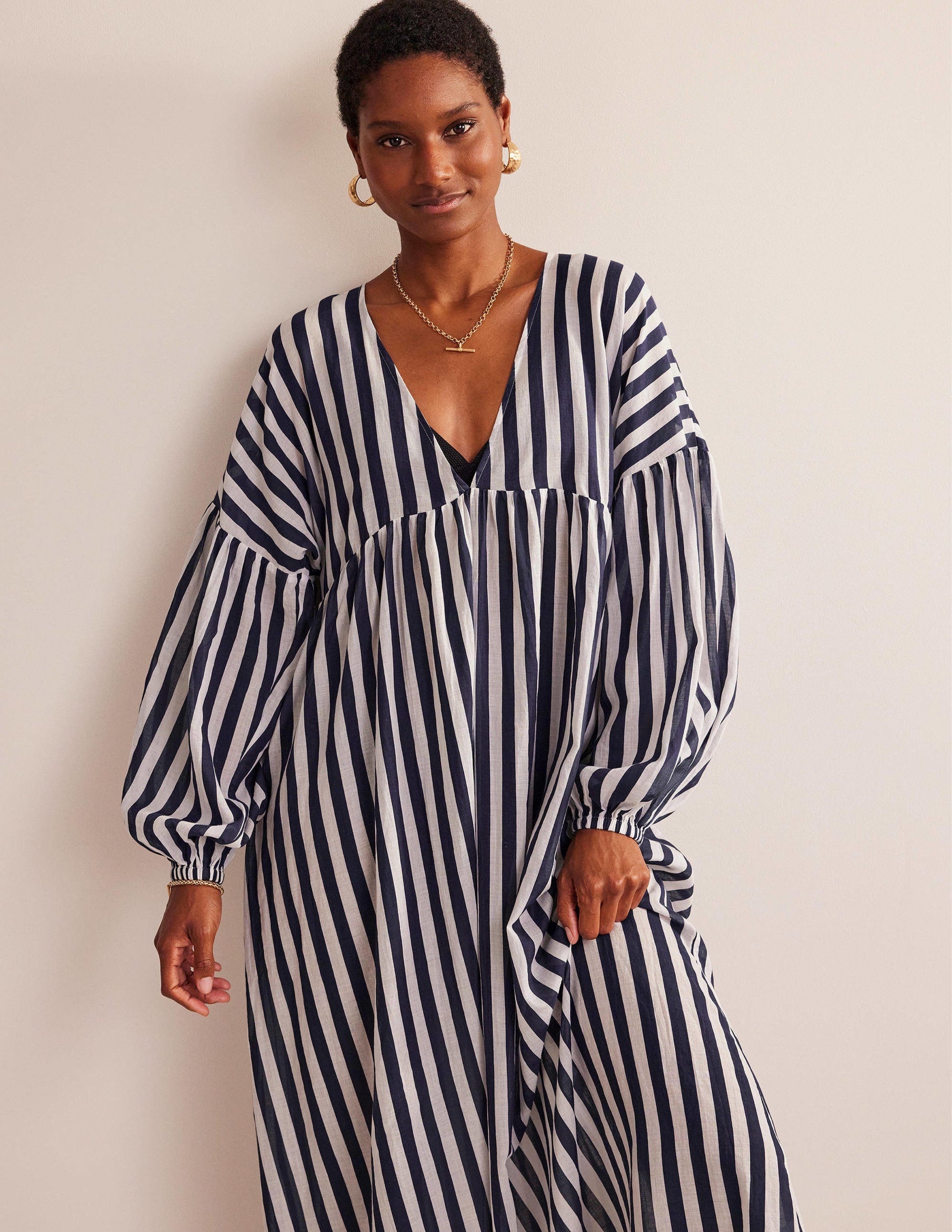 Sarah Maxi Kaftan Dress-Blue and Ivory Stripe-4