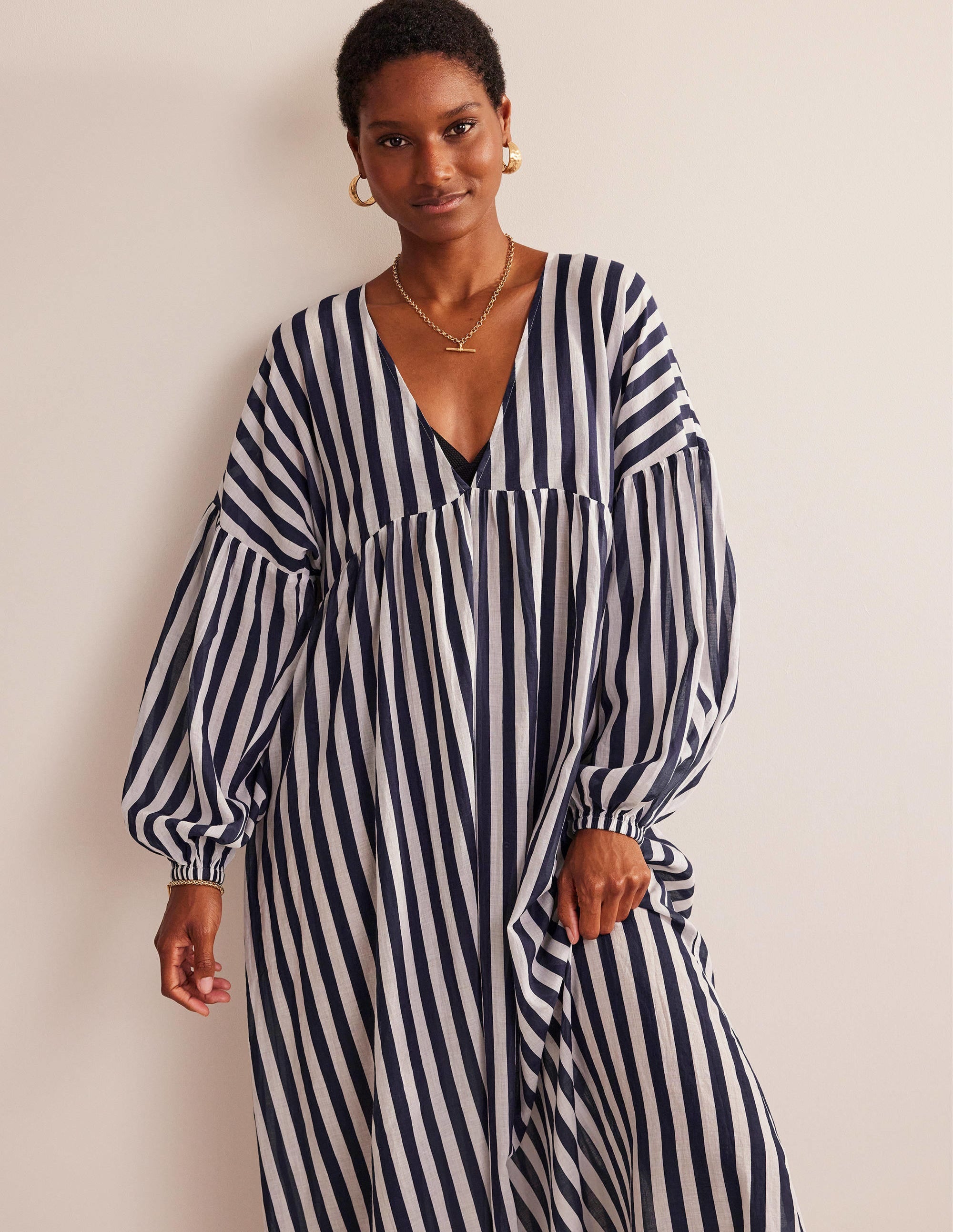 Sarah Maxi Kaftan Dress-Blue and Ivory Stripe - Image 4