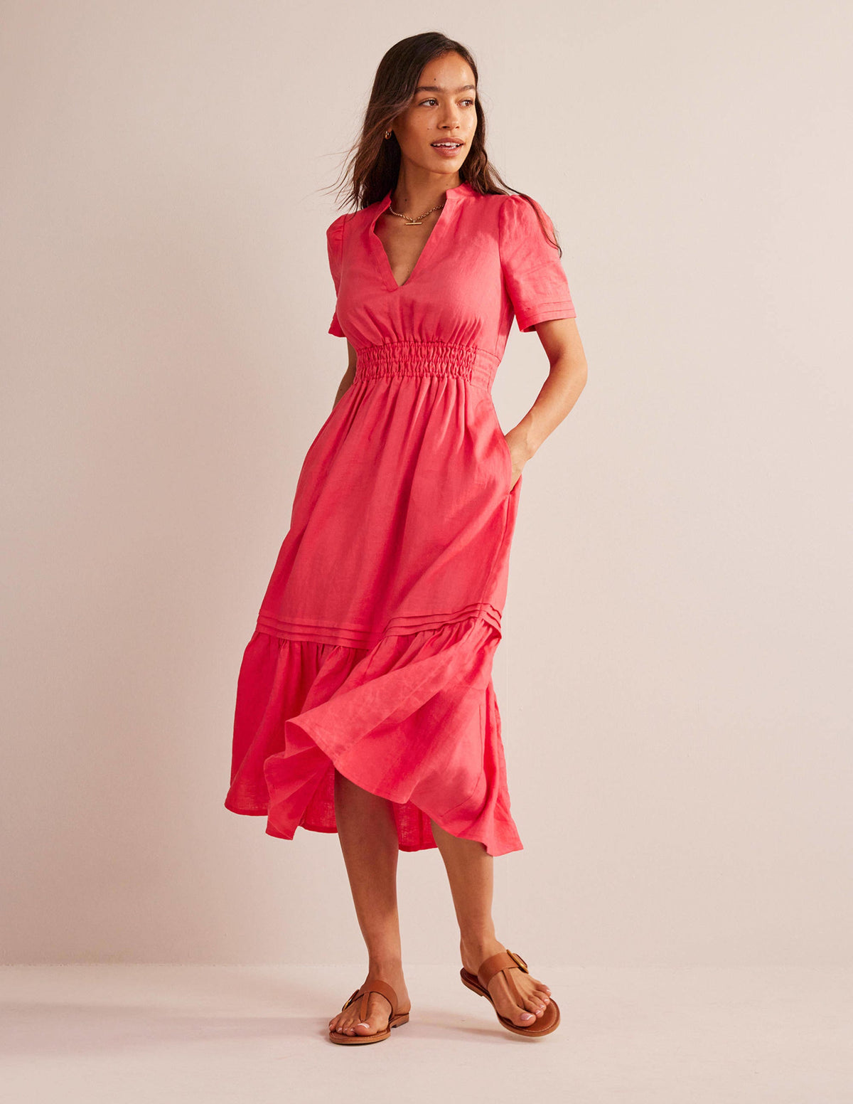 Pintuck Detail Midi Dress-Coral-1