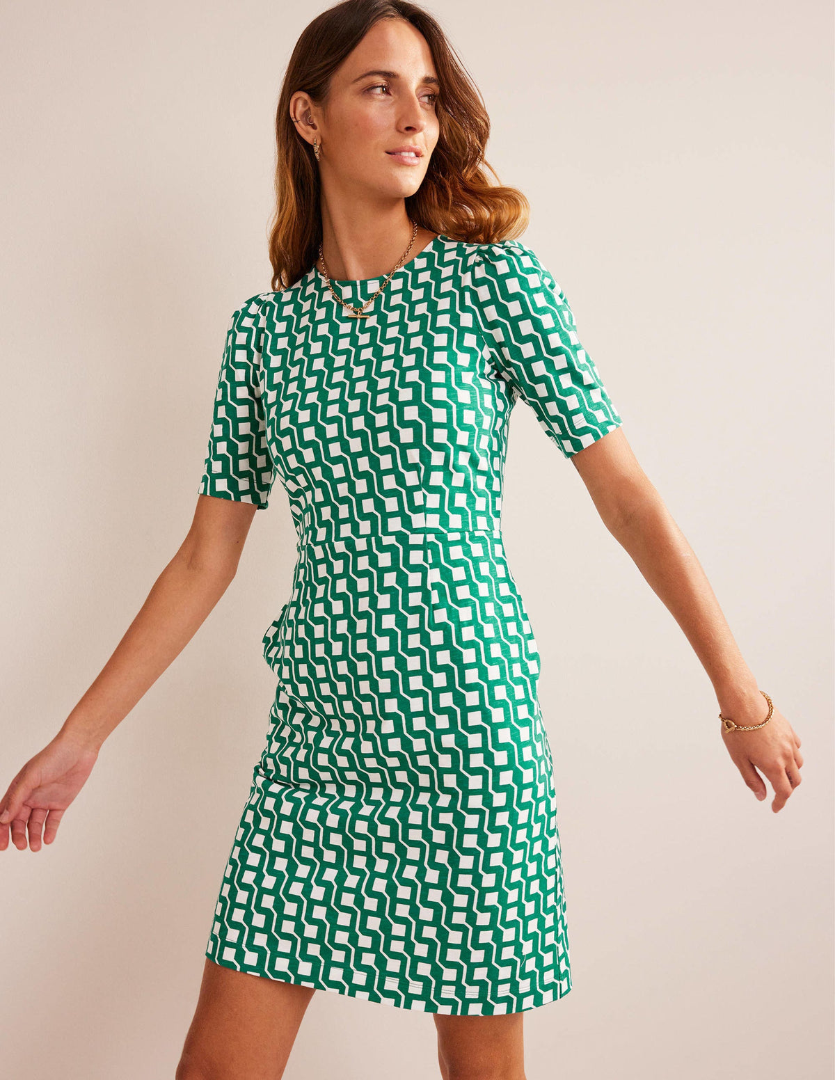 Zoe Jersey Dress-Bright Emerald, Cube Geo - Image 1