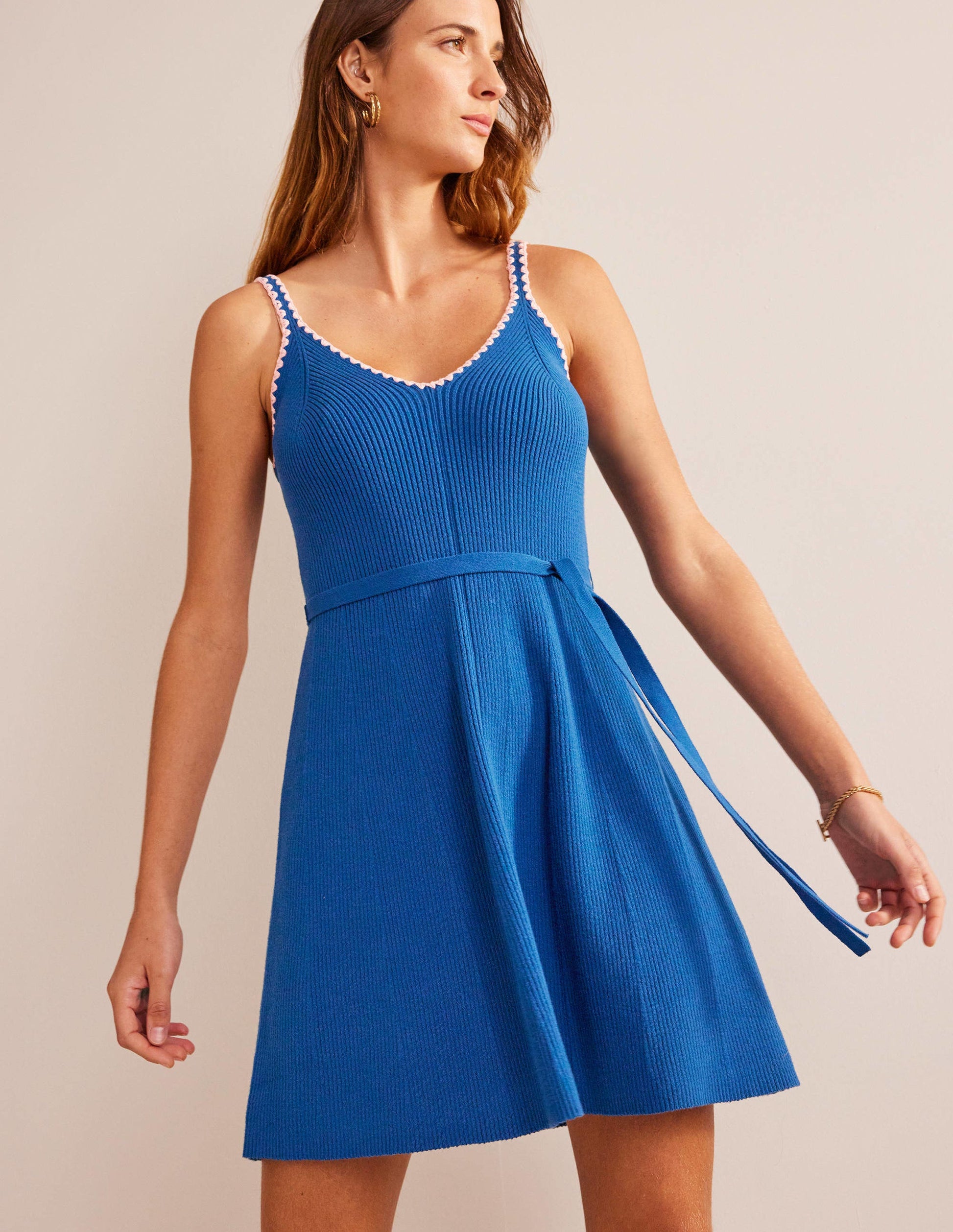 Crochet-Trim Knitted Dress-Sapphire-1
