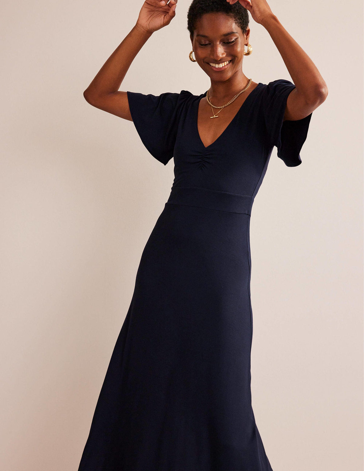 V-Neck Jersey Midi Dress-Navy-4