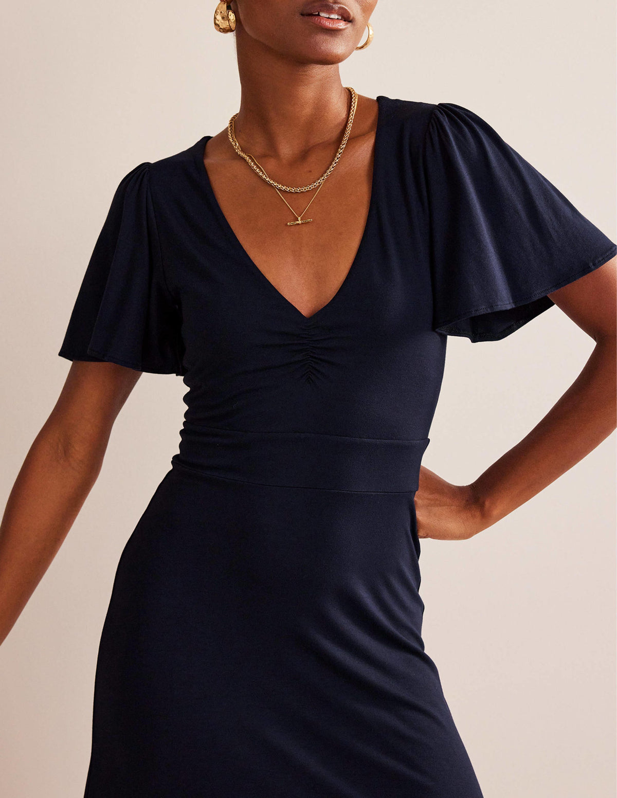 V-Neck Jersey Midi Dress-Navy-5