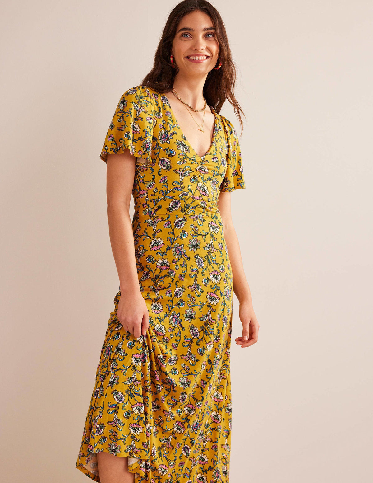 V-Neck Jersey Midi Dress-Mustard Seed, Meadow Fall-1